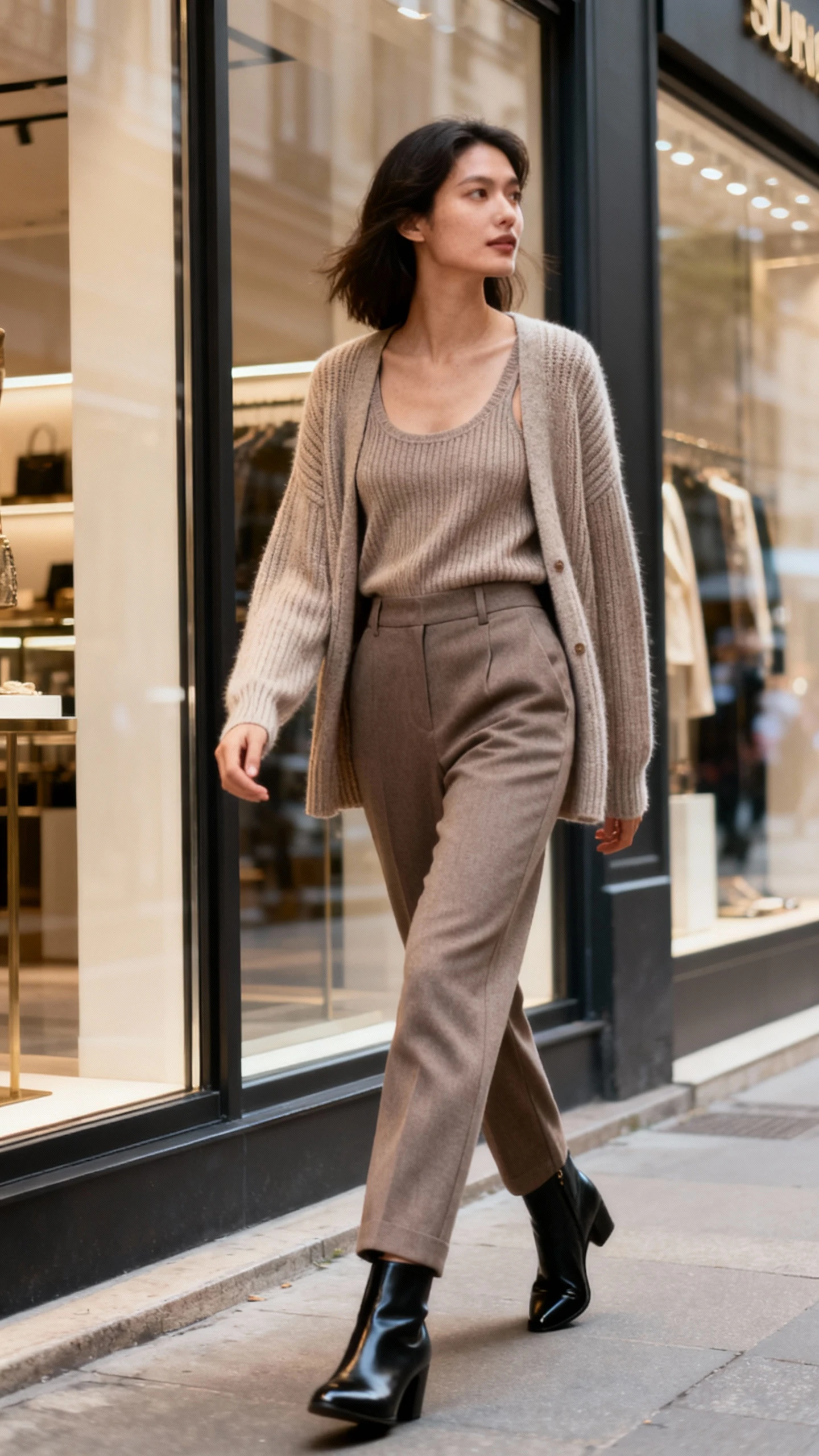 Natural lifestyle photo of a woman wearing an elevated sweater set (fine-knit cardigan with matching knit tank and tailored high-waist trousers, sleek ankle boots), walking past boutique windows, face looking away, natural daylight, iPhone photo quality, unstaged.