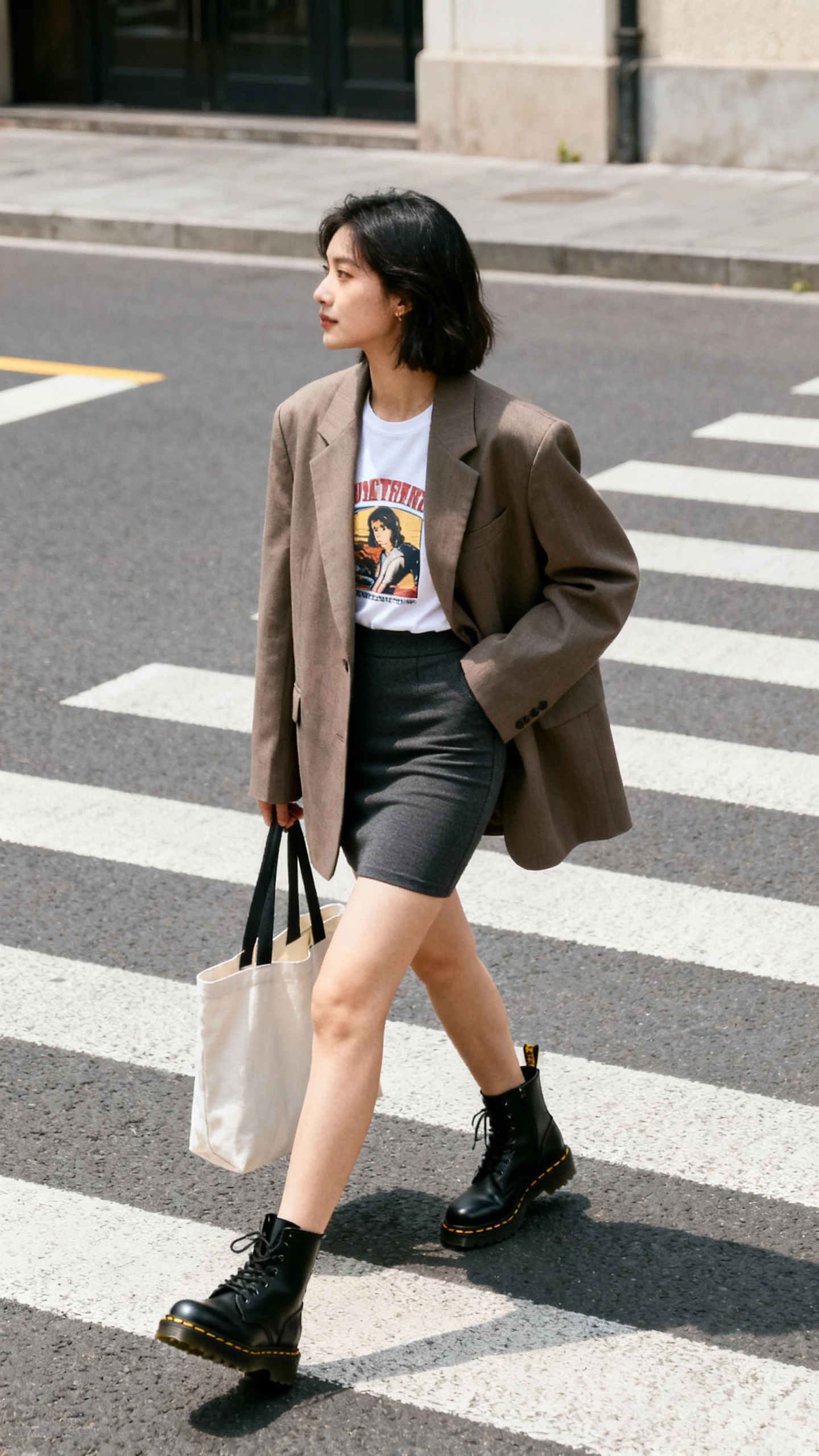 Natural lifestyle photo of a woman wearing an oversized blazer over a fitted mini skirt, graphic tee, and black Dr. Martens ankle boots, walking across a crosswalk with a tote bag, face looking away, candid moment, natural daylight, iPhone photo quality, unstaged.