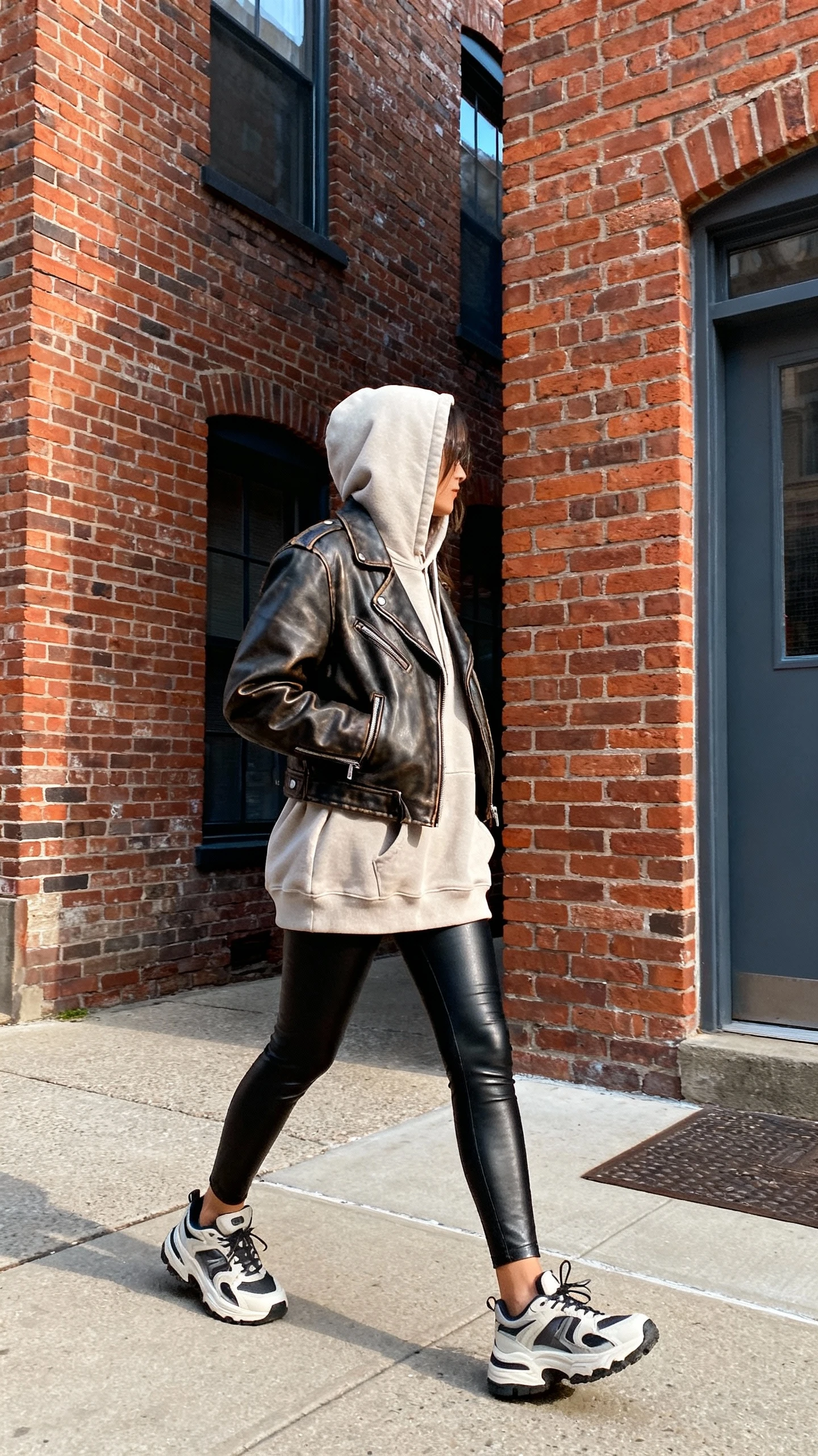 Natural lifestyle photo of a woman wearing an oversized hoodie with leather biker jacket, leather leggings, and chunky sneakers, walking past brick buildings, face looking away, candid moment, natural daylight, iPhone photo quality, unstaged.