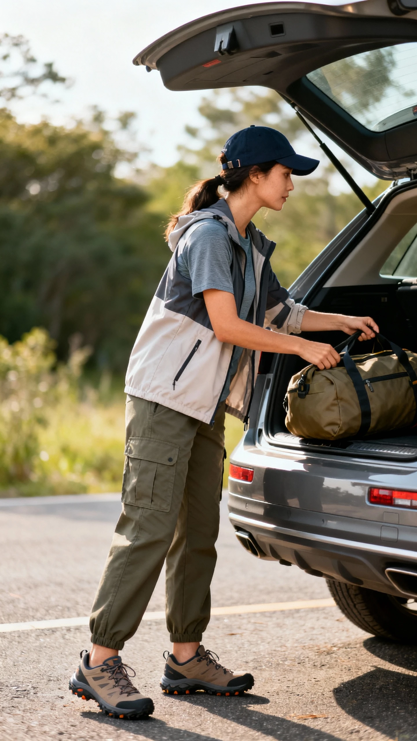 Natural lifestyle photo of a woman wearing cargo pocket trail pants, a relaxed tech tee, lightweight shacket, baseball cap, and mid-cut trail shoes, loading a weekend duffel into a car trunk, face looking away, morning daylight, iPhone photo quality, unstaged.