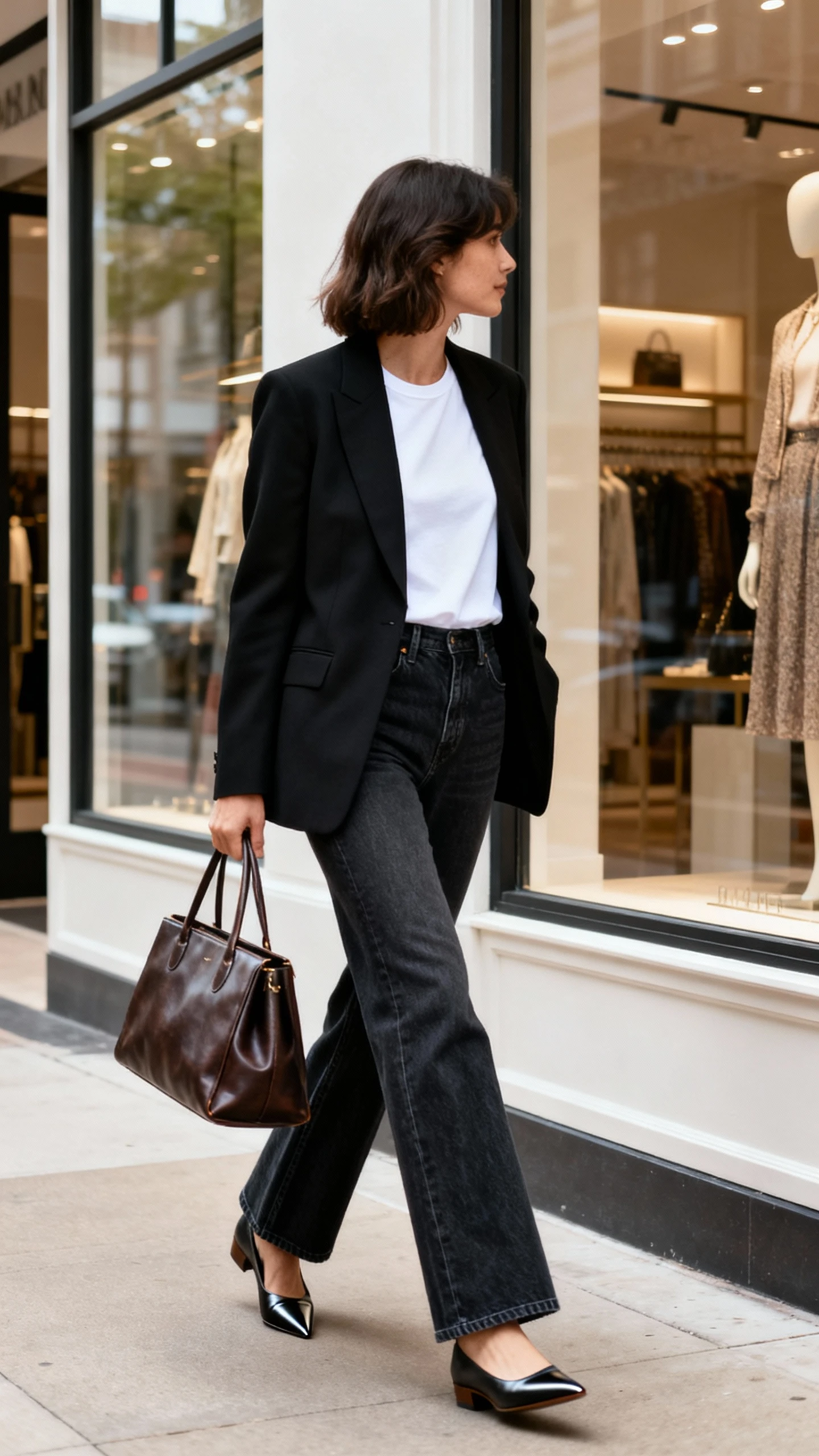 Natural lifestyle photo of a woman wearing dark-wash bootcut jeans, a crisp white tee, a tailored black blazer, pointed-toe loafers, and a structured leather tote, walking past boutique windows, face looking away, natural daylight, candid iPhone photo quality, unstaged.