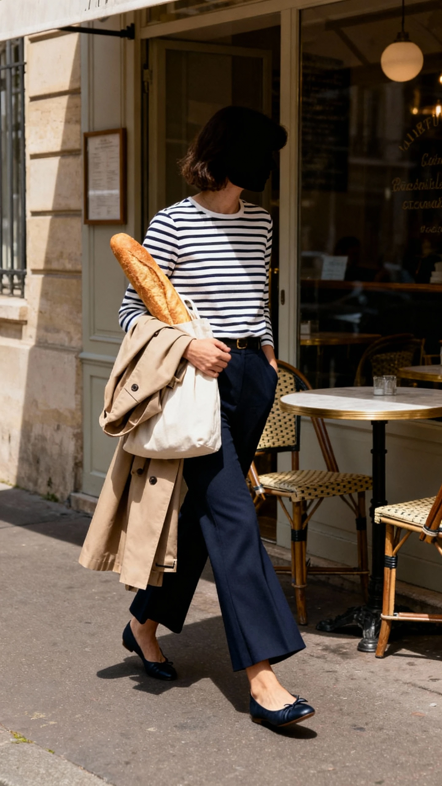 Natural lifestyle shot of a woman in a classic Breton striped top, polished navy flare trousers, ballet flats, and a trench draped over her arm, strolling past a café with a baguette tote, face in shadow, soft morning light, iPhone photo quality.