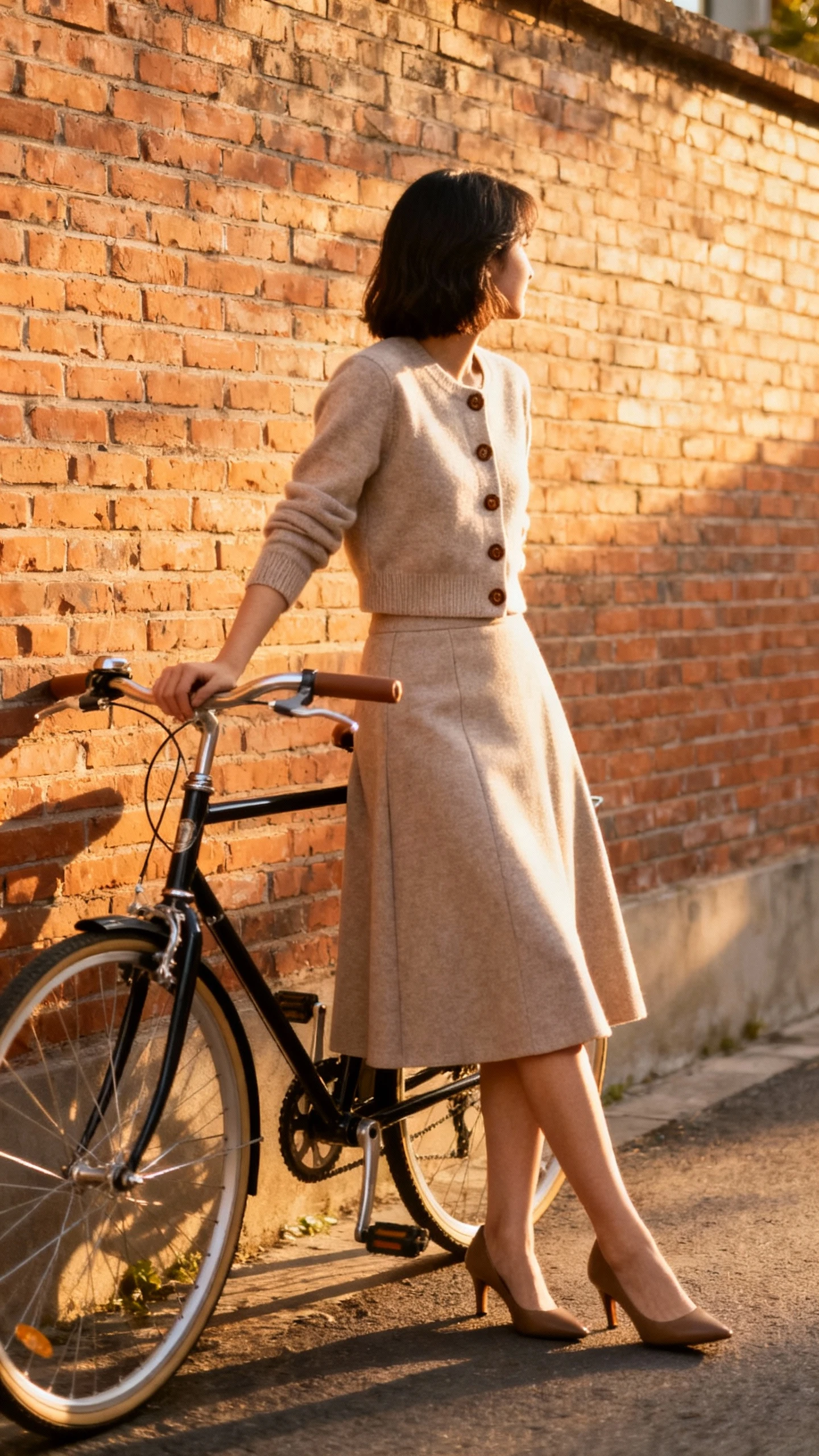 Natural lifestyle shot of a woman wearing an A-line skirt with a buttoned-up cardigan set and low heels, leaning on a bike by a brick wall, face looking away, late afternoon light, iPhone photo quality.