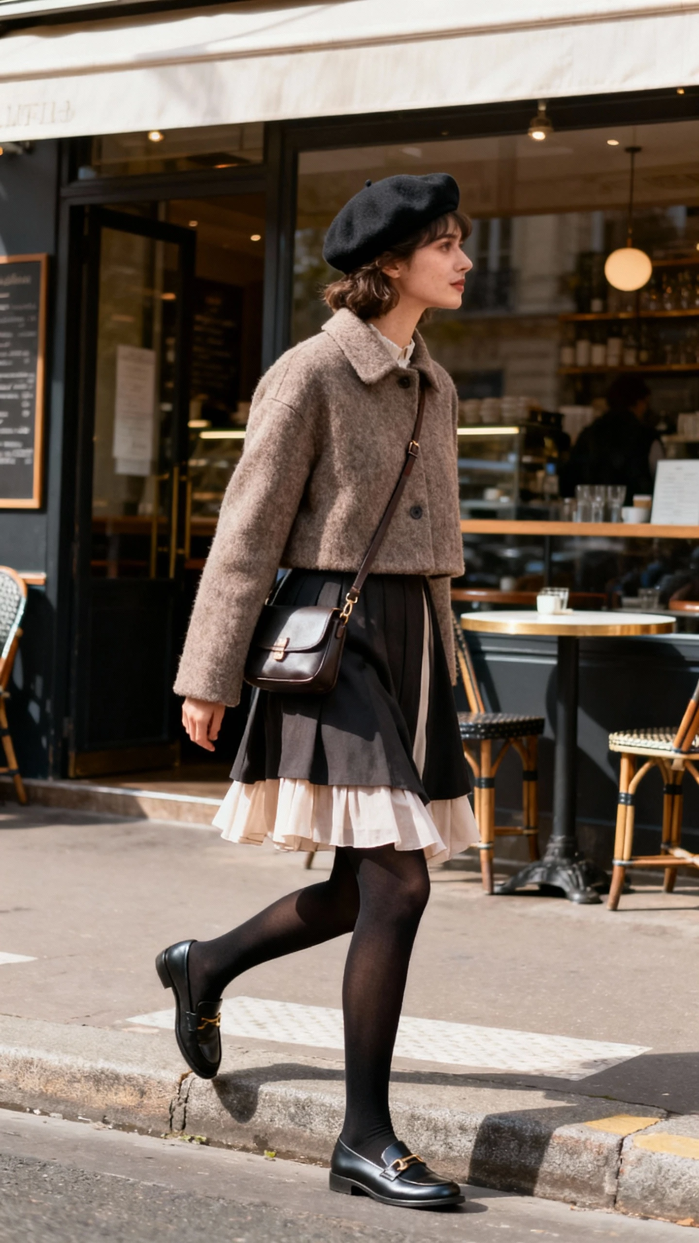 Natural photo of a woman in a Parisian layered dress with opaque black tights, loafers, and a cropped wool coat with a beret and crossbody bag, stepping off a curb near a cafe, face looking away, soft morning light, iPhone photo quality.