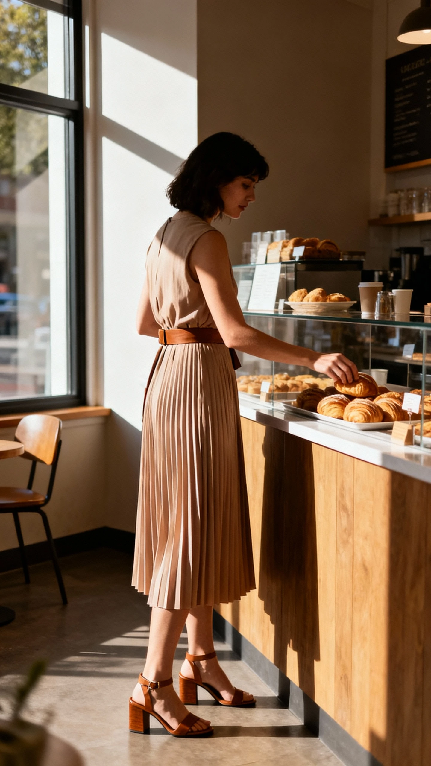 Natural photo of a woman in a pleated midi dress with a waist belt and block-heel sandals, standing by a cafe counter picking up a pastry, face in shadow, warm window light, iPhone photo quality.
