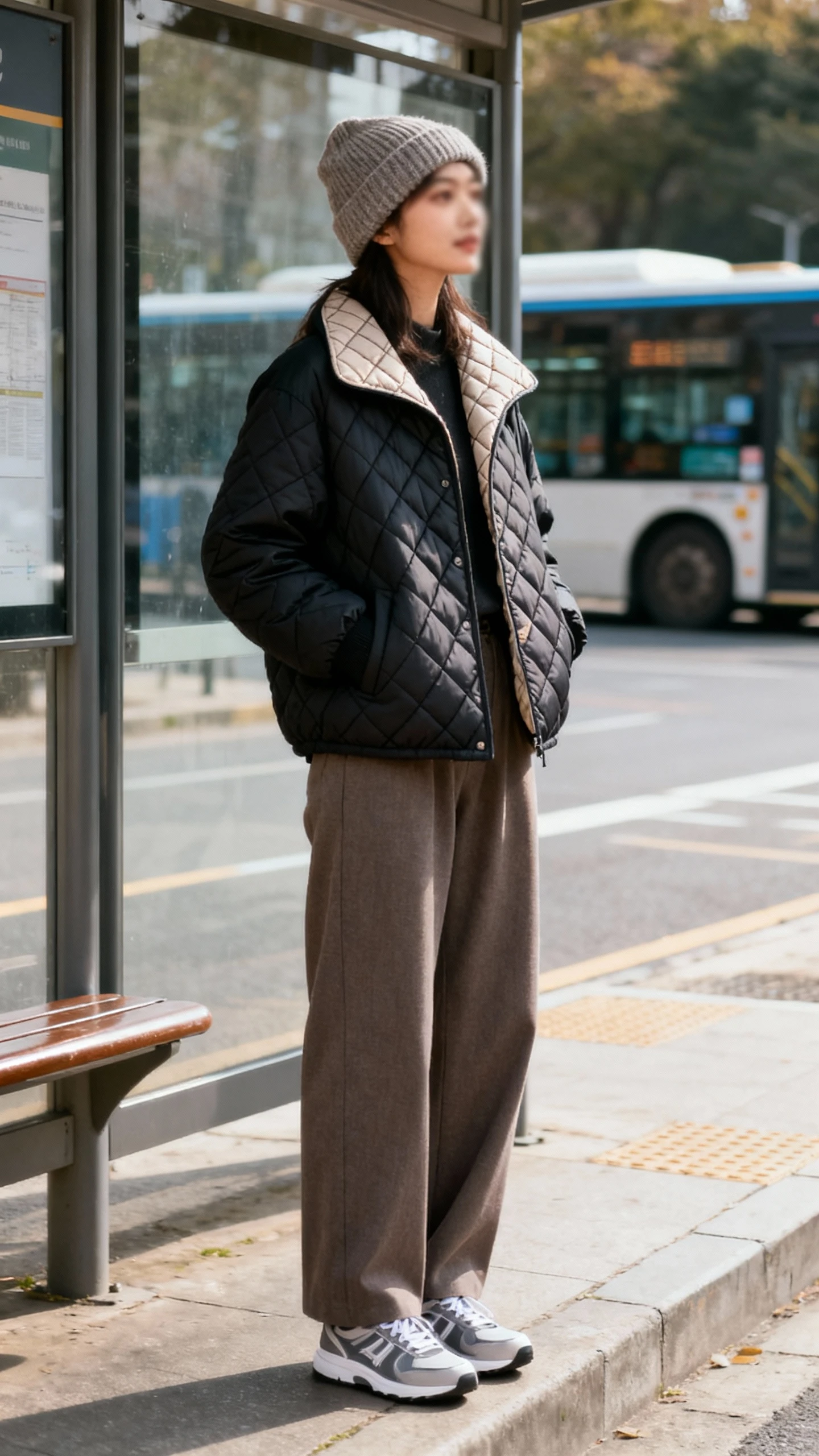 Natural photo of a woman in a quilted liner jacket with wide-leg trousers, sleek sneakers, and a knit beanie, waiting at a bus stop, face slightly blurred, soft daylight, iPhone photo quality, effortless.
