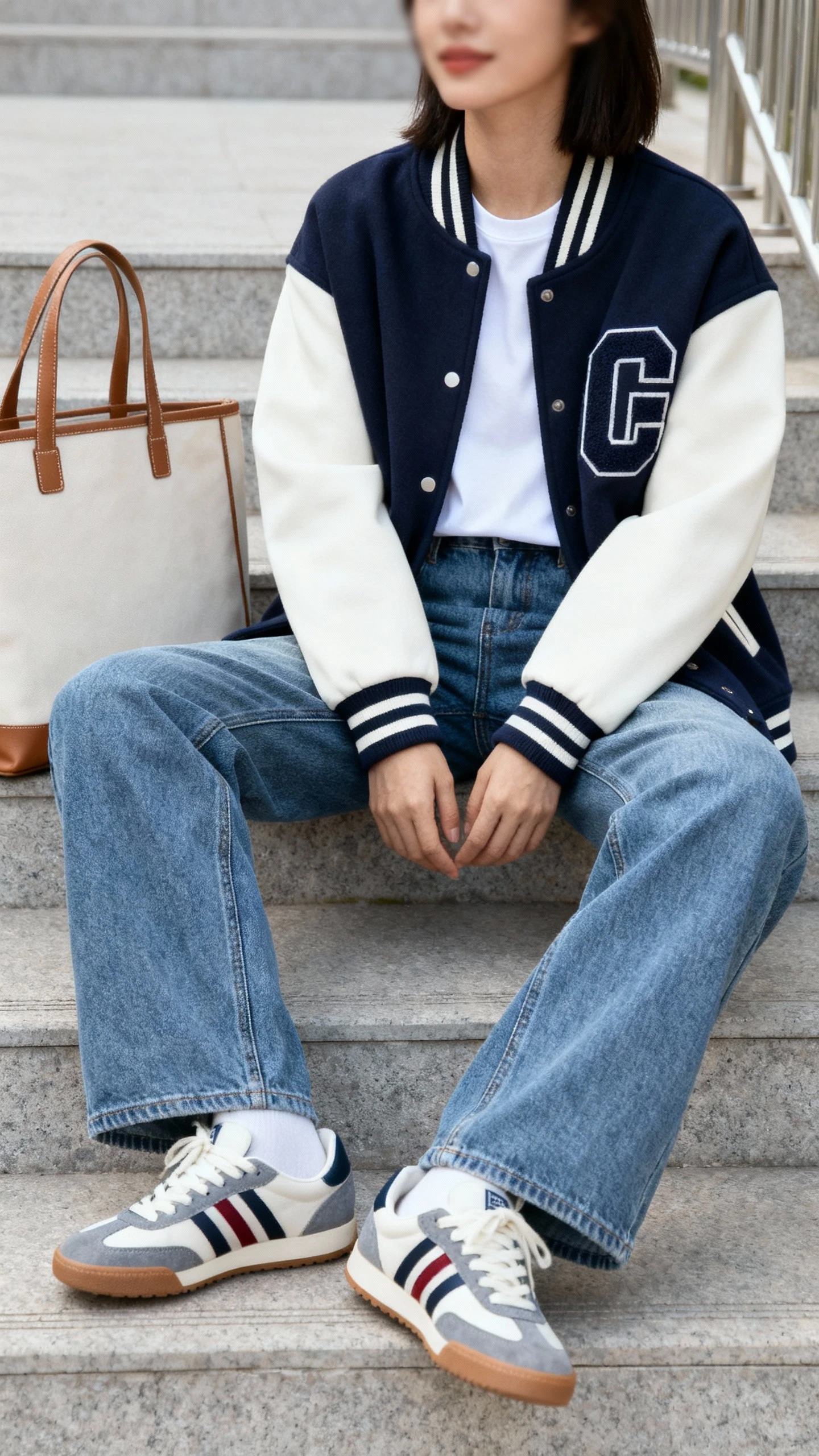 Natural photo of a woman wearing a varsity cardigan over a simple tee with straight-leg denim and retro sneakers, sitting on outdoor steps with a weekend tote, face slightly blurred, soft daylight, iPhone casual aesthetic.
