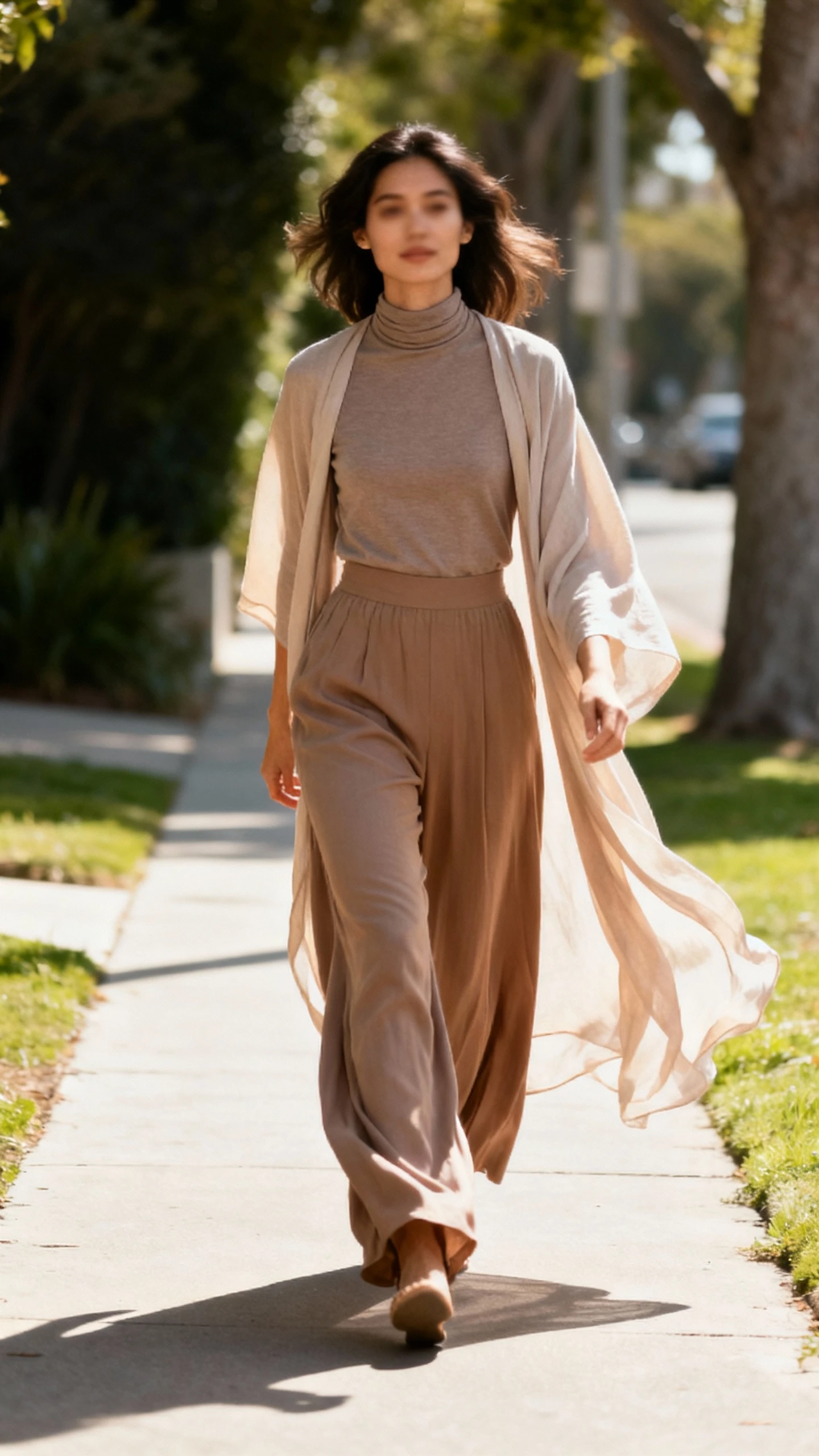 Natural photo of a woman wearing palazzo pants with a high-neck top and a flowing duster, striding along a sunlit sidewalk, face slightly blurred, movement in fabric, iPhone photo quality, unstaged.