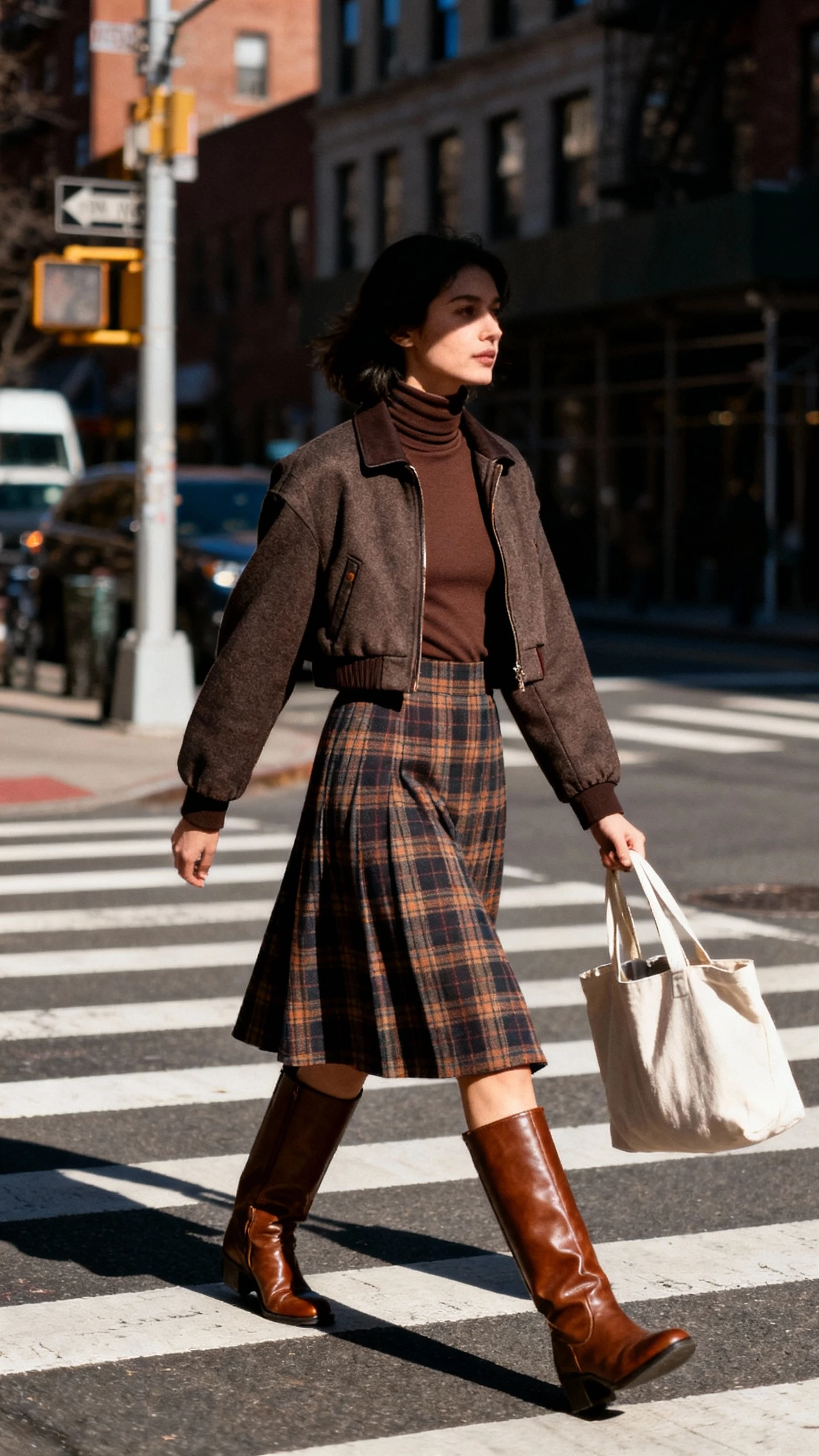 Natural street photo of a woman in a plaid A-line skirt, tall leather boots, fitted turtleneck, and a cropped jacket, crossing a city street with a tote bag, face in shadow, winter daylight, iPhone photo quality.