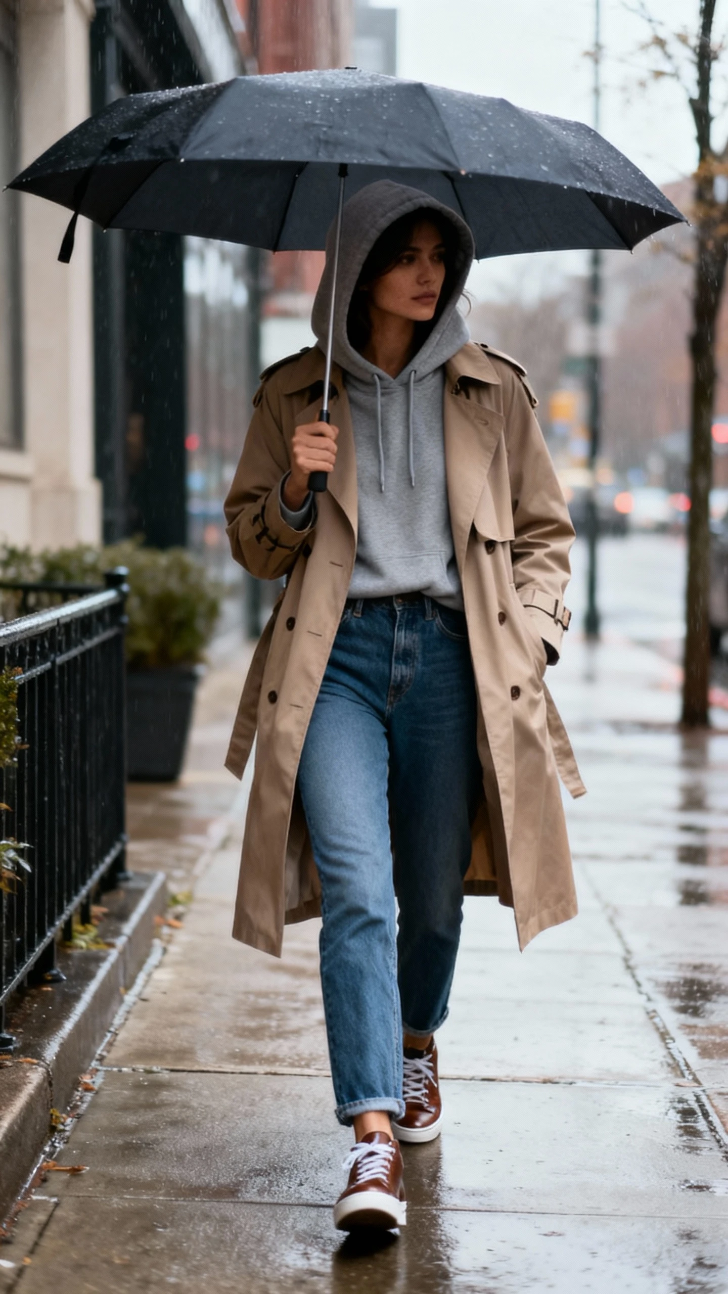 Natural street photo of a woman layering a hoodie under a classic trench coat with straight-leg jeans and leather sneakers, walking with an umbrella on a drizzly sidewalk, face in shadow under hood, ambient daylight, iPhone photo quality.