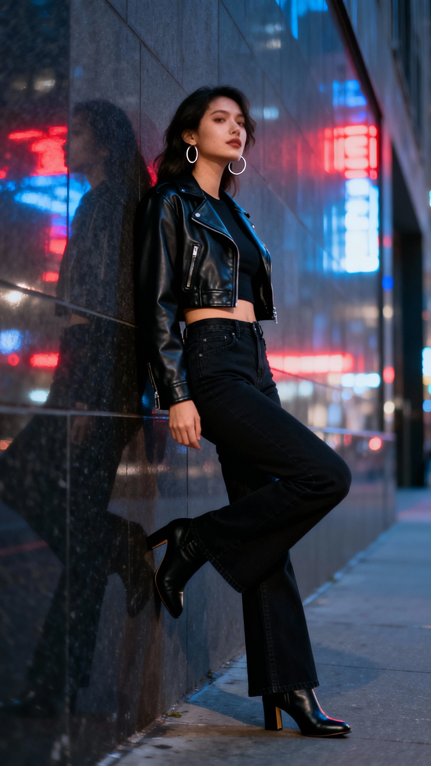 Night-out street photo of a woman wearing black bootcut jeans, a cropped black leather jacket over a fitted top, heeled ankle boots, and hoop earrings, leaning against a city wall with neon reflections, face slightly blurred, moody evening light, iPhone photo quality.