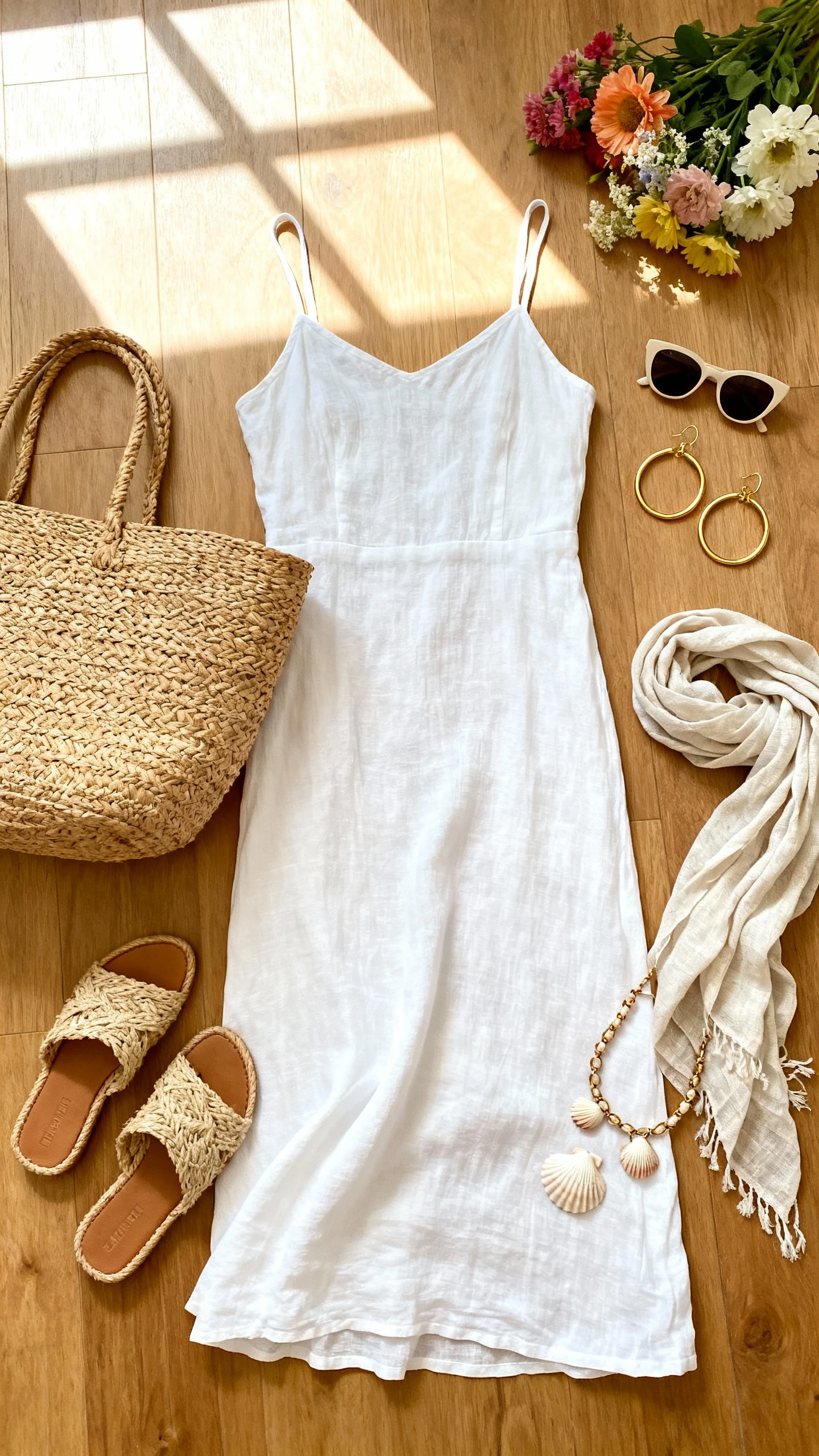 Overhead flat lay of a beach-to-brunch white linen slip dress with raffia slide sandals, oversized straw tote, gold hoop earrings, shell anklet, and a lightweight linen scarf, arranged on a wooden floor with sunlit flowers and sunglasses as props, bright natural window light, no person visible, organized composition, iPhone photo aesthetic.