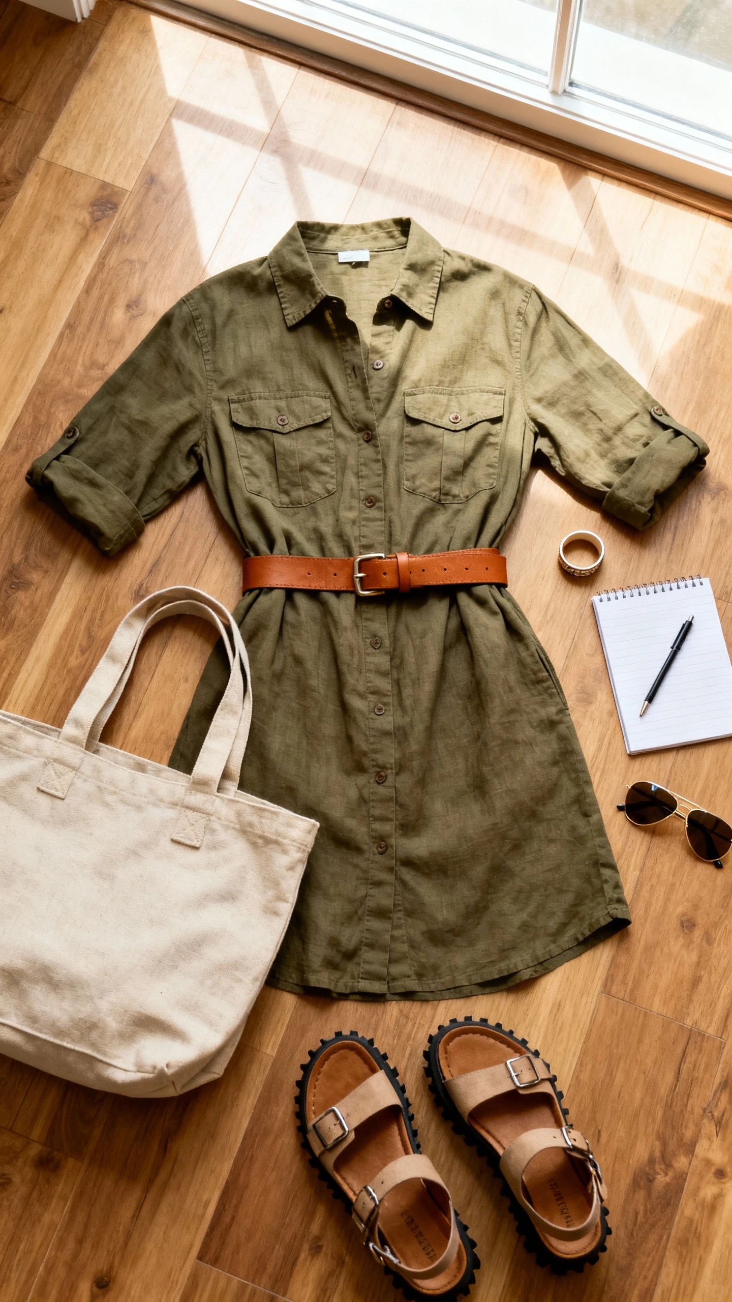 Overhead flat lay of a belted utility linen shirt dress in olive with front pockets, tan leather belt, lug-sole sandals, canvas tote, aviator sunglasses, and a simple cuff bracelet on a wooden floor with a notepad and pen, bright natural window light, no person visible, organized composition, iPhone photo aesthetic.