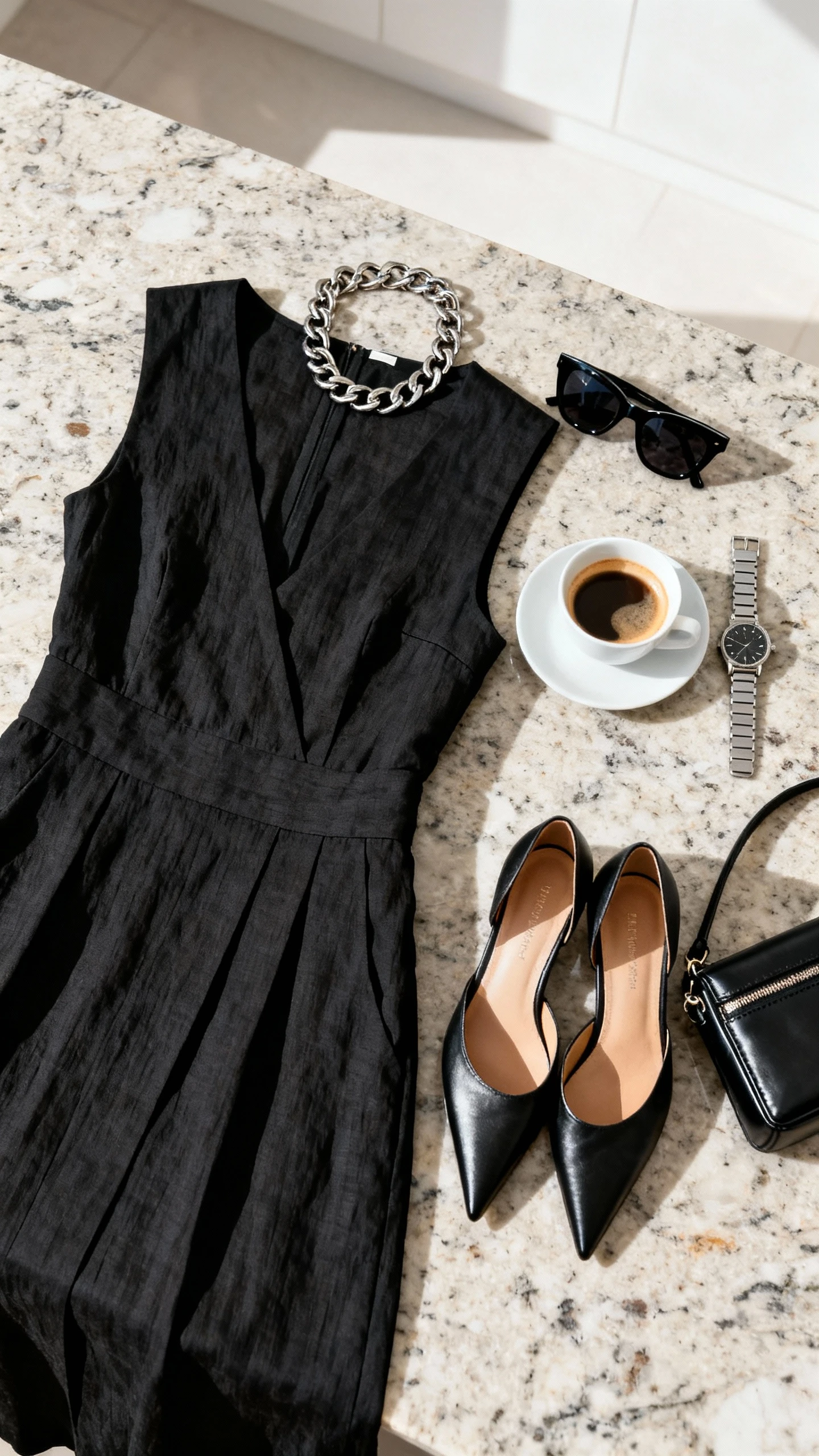 Overhead flat lay of a city-chic black linen midi dress with sharp lines, pointed-toe mules, structured black mini bag, bold sunglasses, and a chunky chain necklace, styled on a marble countertop with an espresso and a sleek watch, bright natural light, no person visible, organized composition, iPhone photo aesthetic.