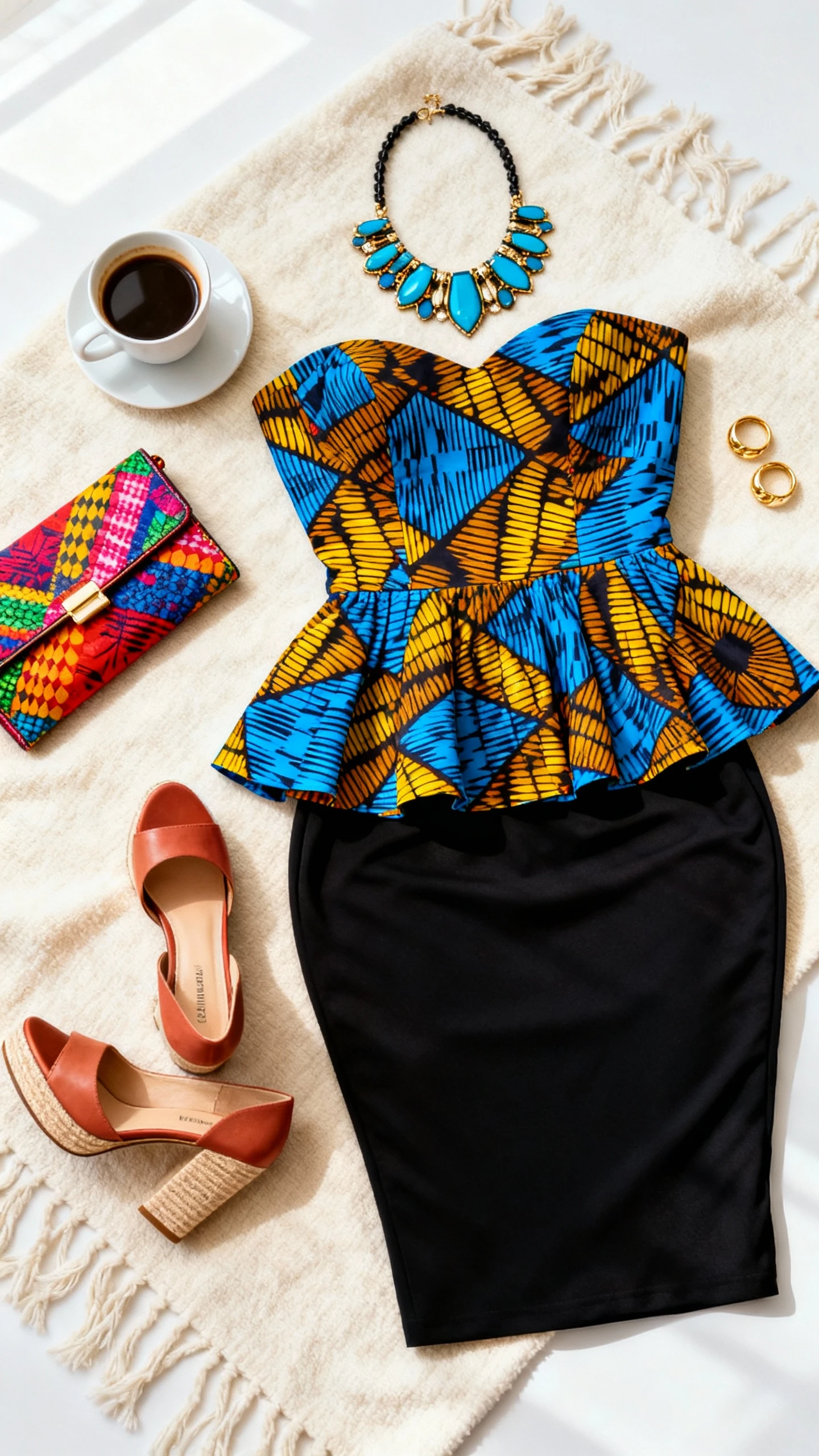 Overhead flat lay of a Kitenge peplum dress that accentuates curves, paired with platform heels, bold statement necklace, and a colorful clutch, arranged on a cream throw with a coffee cup and gold rings, bright natural light, no person visible, clean organized composition, iPhone photo aesthetic.