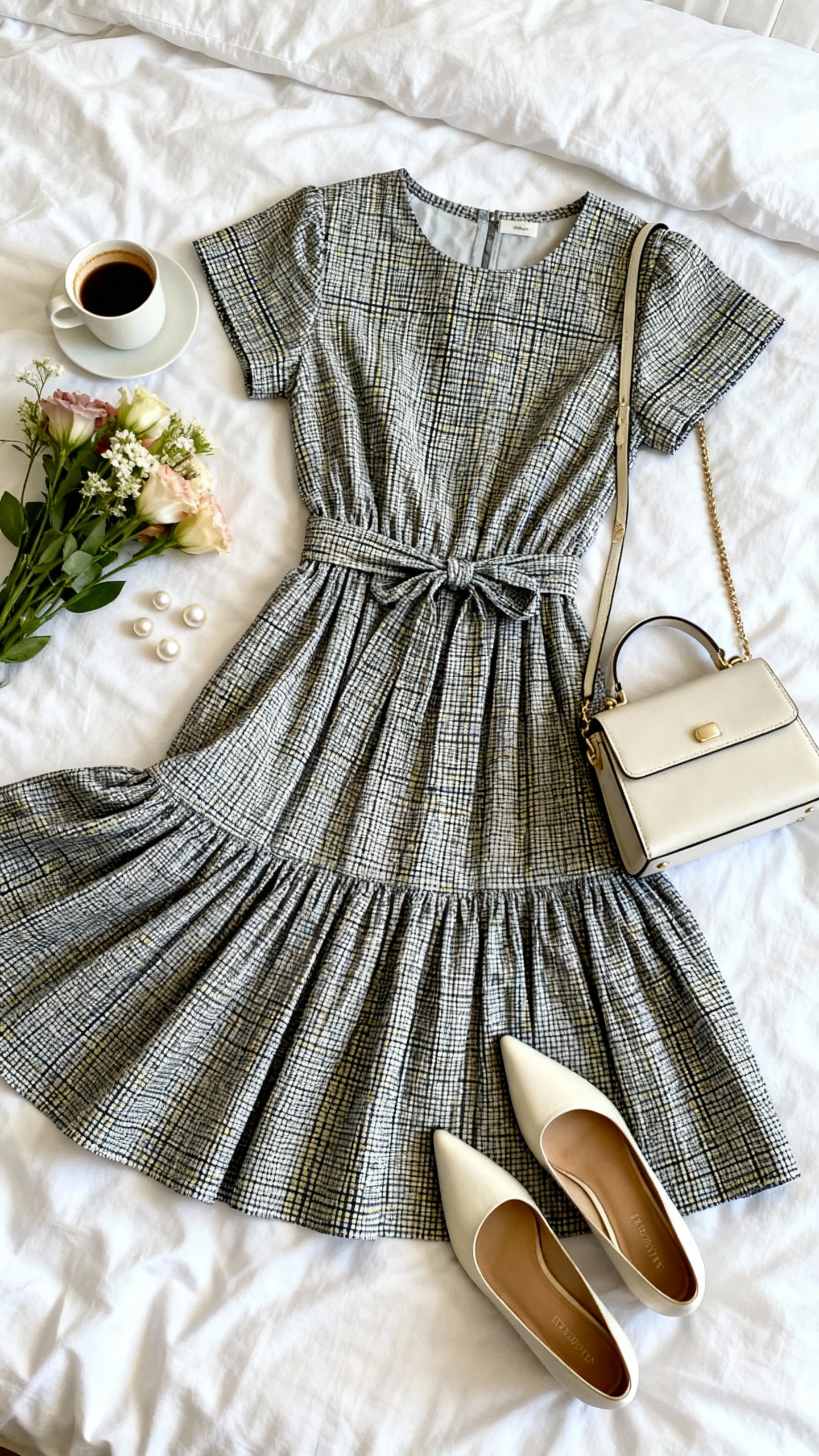 Overhead flat lay of a Shweshwe fit-and-flare dress with cinched waist, pointed-toe pumps, pearl studs, and a small structured handbag, arranged on a white bed with a twirl-ready hem fanned out, plus a coffee cup and fresh flowers, bright natural light, no person visible, clean organized composition, iPhone photo aesthetic.