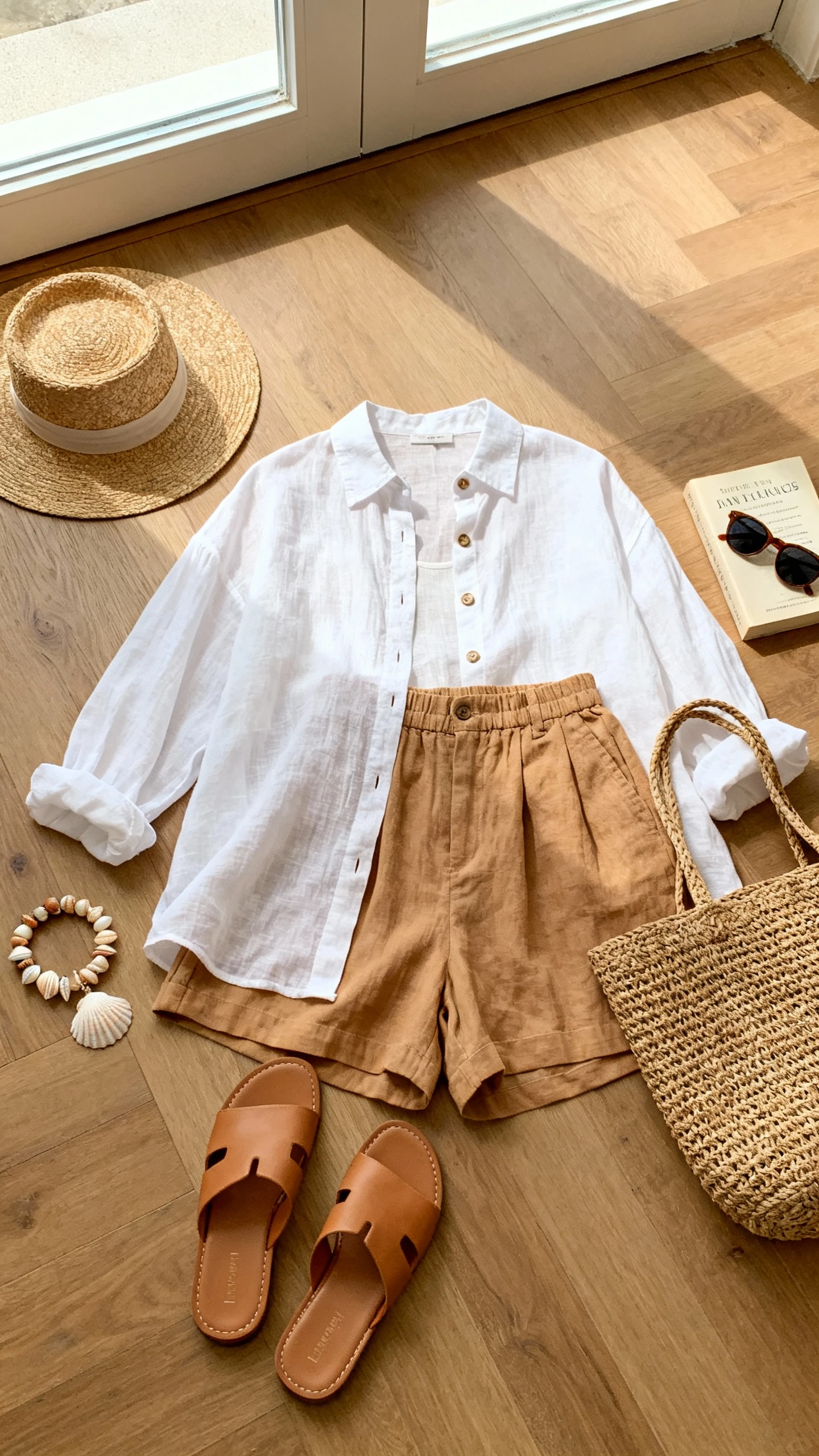 Overhead flat lay of breezy white linen button-up layered over tan relaxed linen shorts, tan slide sandals, straw hat, raffia tote, and shell bracelet, on a wooden floor with a paperback book and sunglasses as props, bright natural window light, no person visible, organized composition, iPhone photo aesthetic.