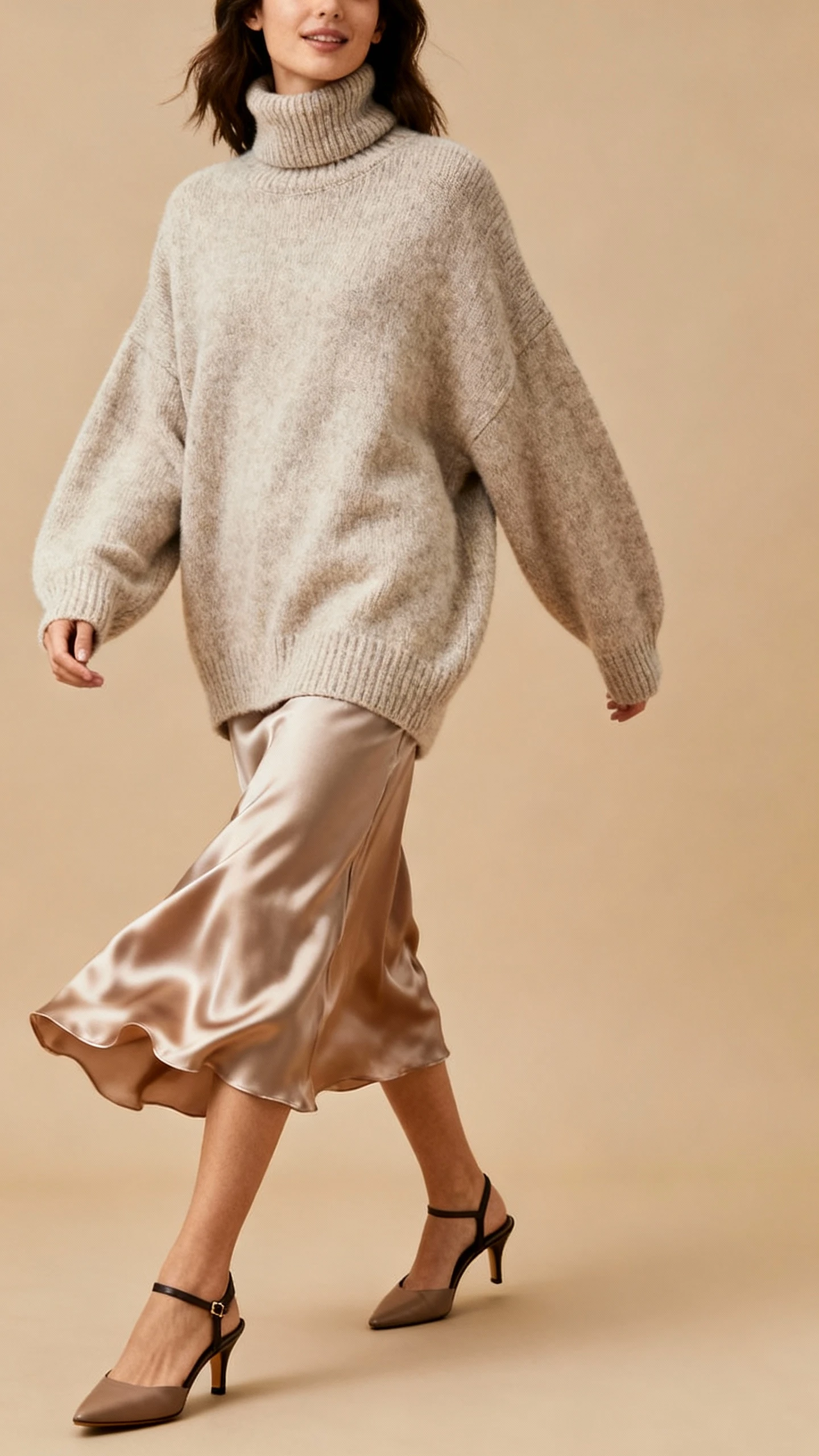 Polished studio shot of a woman in an oversized turtleneck sweater with a satin slip skirt and slingback heels, tan background, soft studio lighting, gentle movement in the skirt, clean composition.