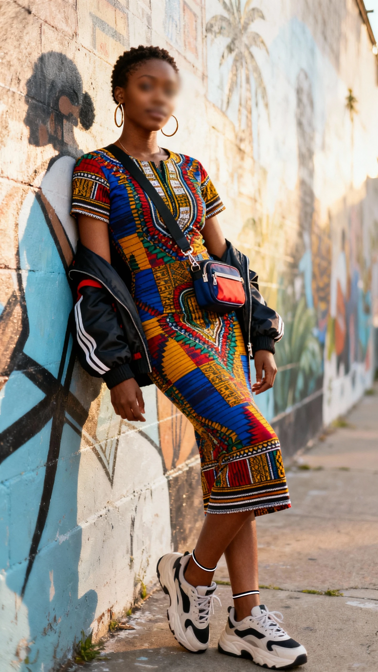 Street-style candid of a woman in a printed Dashiki bodycon midi dress (short sleeve), chunky sneakers, sporty crossbody bag, hoop earrings with a thin anklet, and a lightweight bomber jacket, leaning against a mural wall, face slightly blurred, late-afternoon natural light, iPhone photo quality.