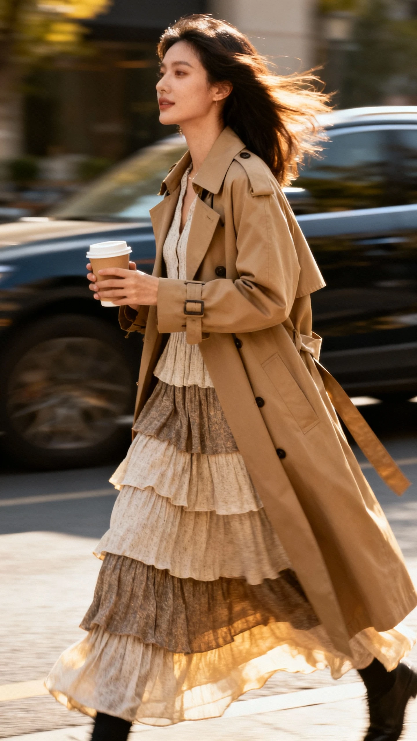 Street-style candid of a woman in a tiered maxi dress layered under a statement trench coat, holding a takeaway coffee while walking, face slightly blurred, breezy afternoon light, iPhone photo quality.