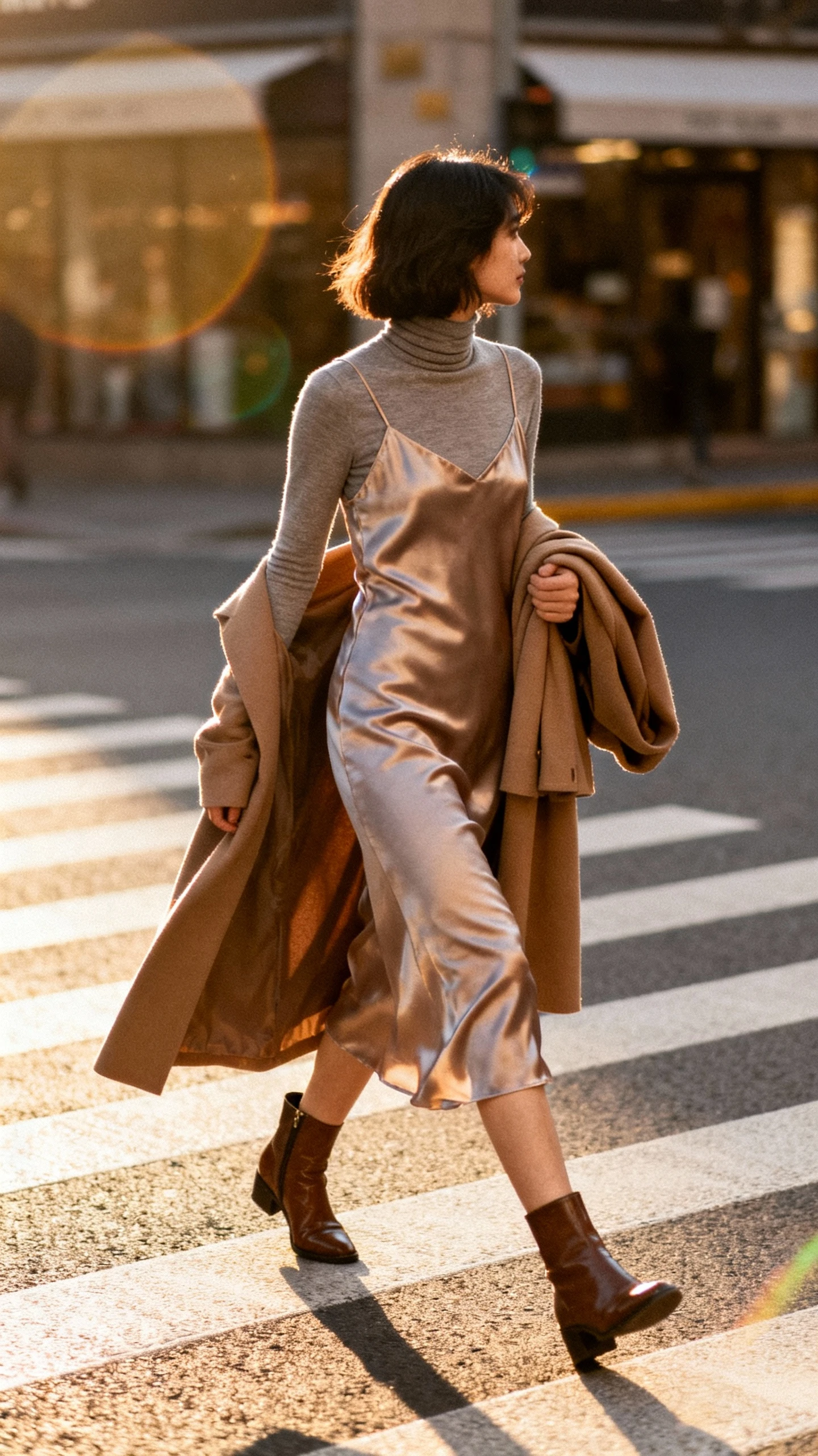 Street-style candid of a woman layering a fitted turtleneck under a satin slip dress with ankle boots and a longline coat draped over her arm, crossing a crosswalk, face looking away, late afternoon light, iPhone photo quality.