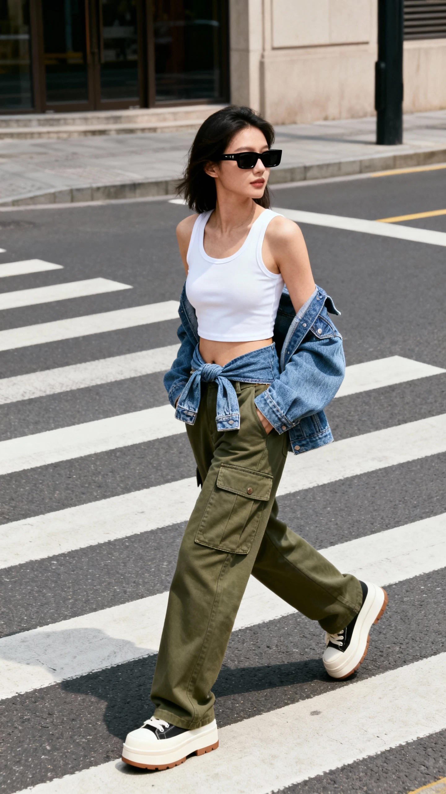 Street-style candid of a woman wearing a fitted white crop tank, olive cargo pants with pockets, cropped denim jacket tied at the waist, black rectangle sunglasses, and platform sneakers, crossing an urban crosswalk, face looking away, natural daylight, iPhone photo quality.