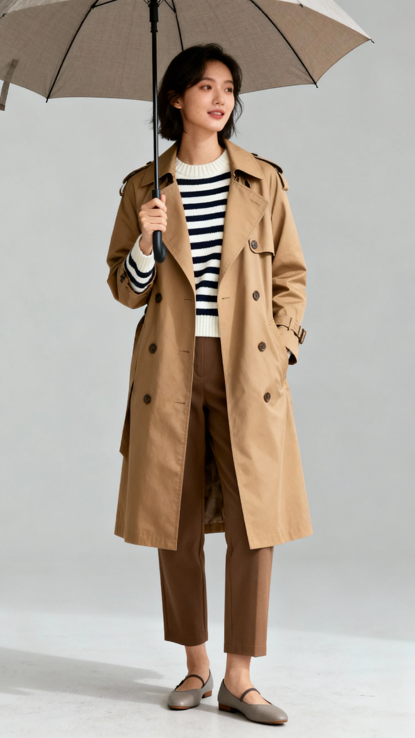 Studio fashion photo of a woman wearing a Breton striped knit, classic tan trench coat, ankle-length straight trousers, and simple flats, light gray background, soft studio lighting, umbrella as prop, clean composition.