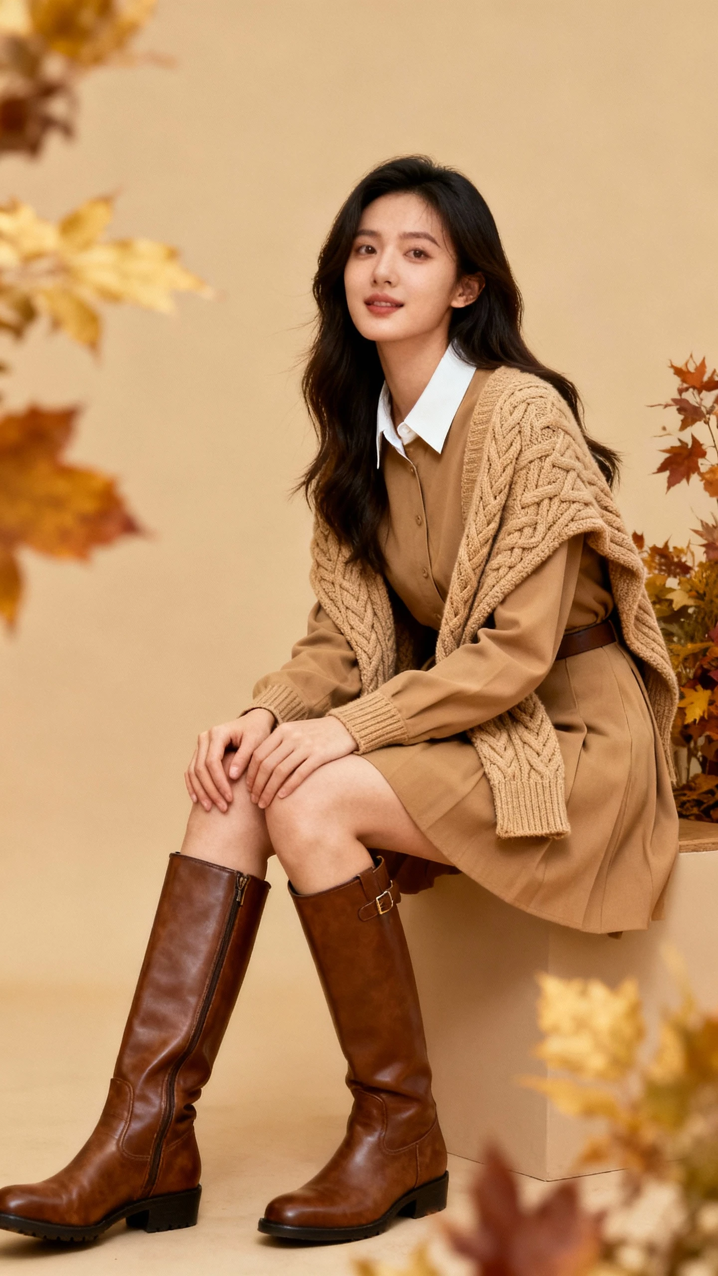 Studio fashion photo of a woman wearing a cable-knit sweater draped over a collared dress with knee-high riding boots, camel-toned background, soft studio lighting, seated pose for variety, clean composition, peak fall prep.