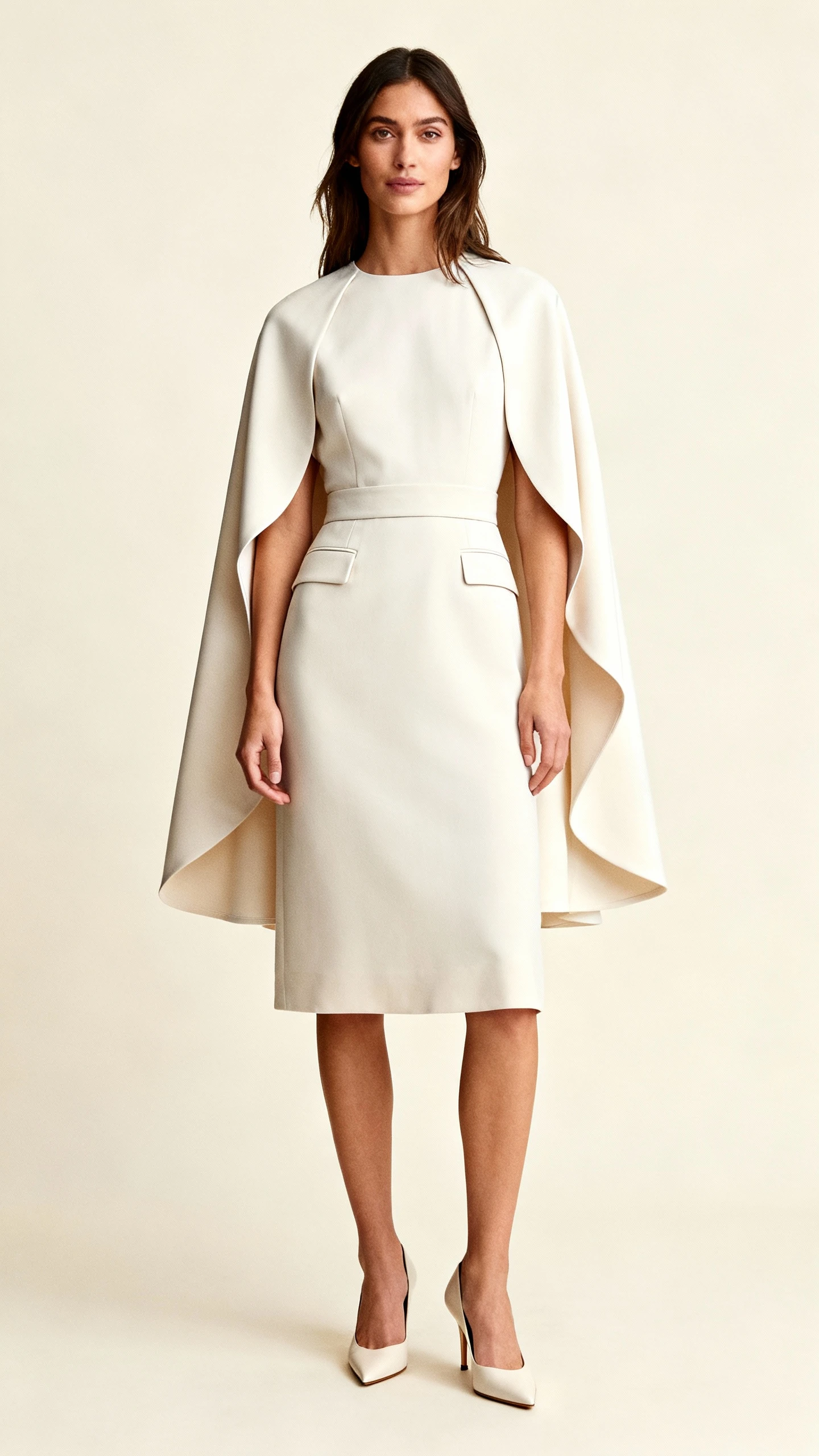Studio fashion photo of a woman wearing a cape-sleeve midi dress with a tailored waist and fluid cape overlay, pointed-toe pumps, cream background, studio lighting, calm forward-facing stance, clean composition, refined and majestic.