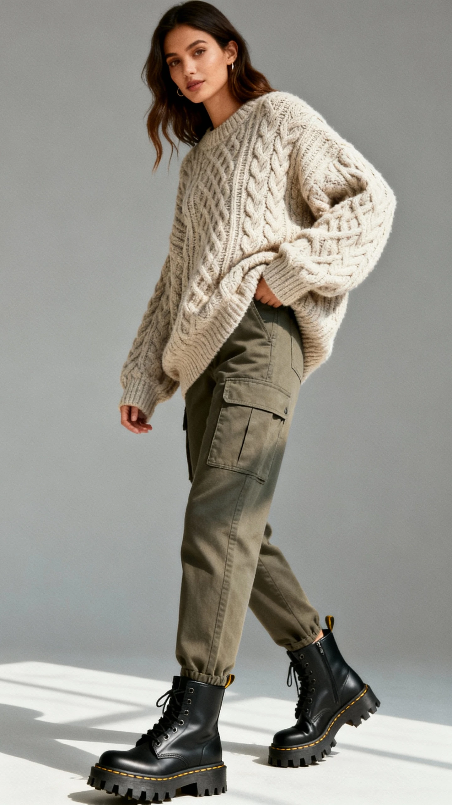 Studio fashion portrait of a woman in a slouchy cable knit sweater with cargo pants and lug-sole combat boots, gray background, soft studio lighting, casual stance, clean composition.