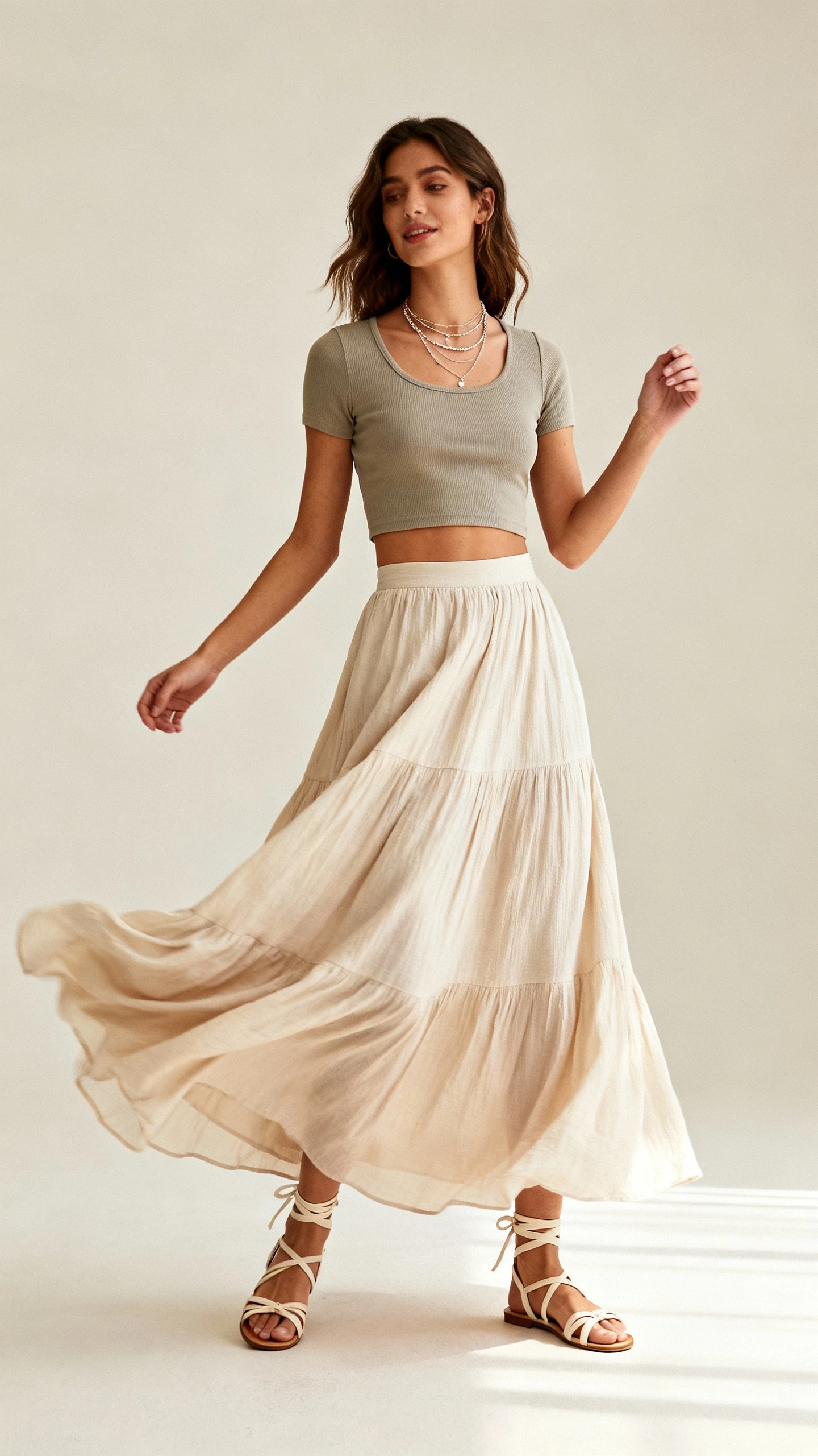 Studio fashion shot of a woman in a flowy maxi skirt with a fitted crop top, delicate layered necklaces, and lace-up sandals, fabric gently moving as if caught by a breeze, neutral background, soft studio lighting, clean composition.
