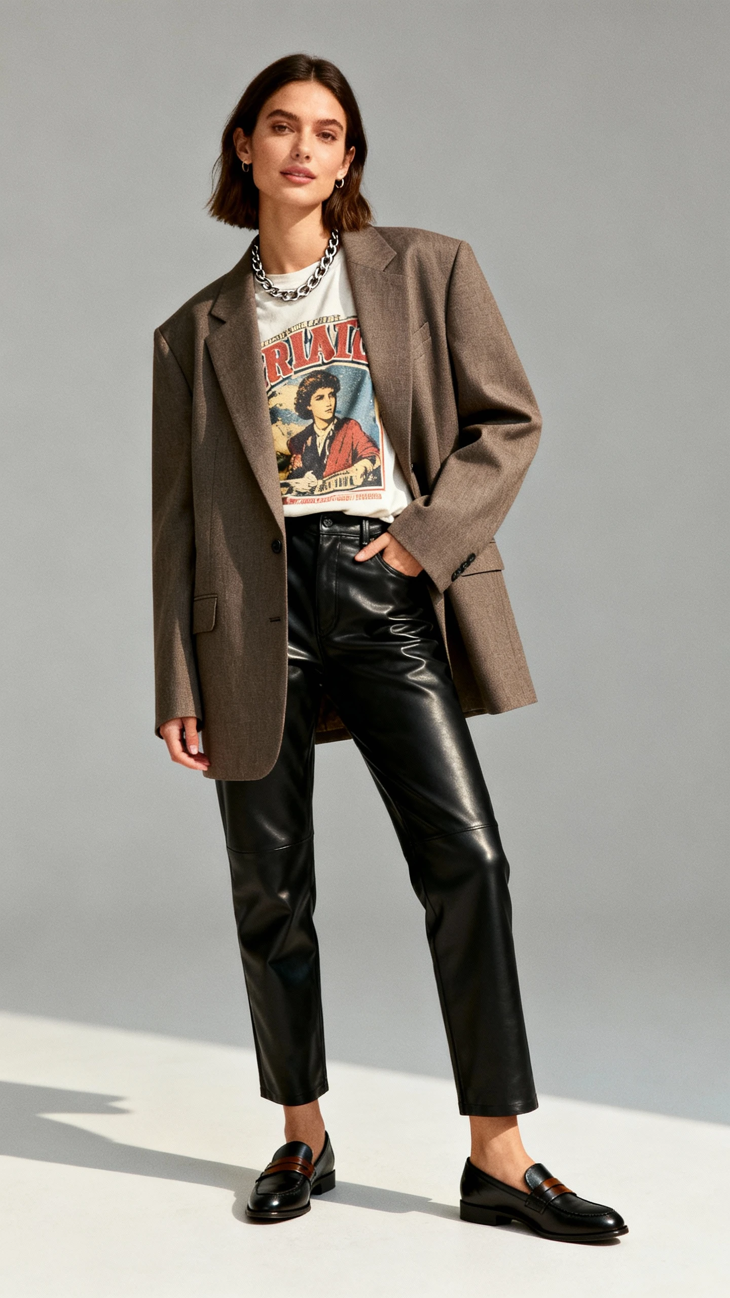 Studio image of a woman wearing an oversized blazer over a vintage-style graphic tee with black leather pants and classic loafers, subtle chain necklace, gray neutral background, soft studio lighting, relaxed stance, clean composition.