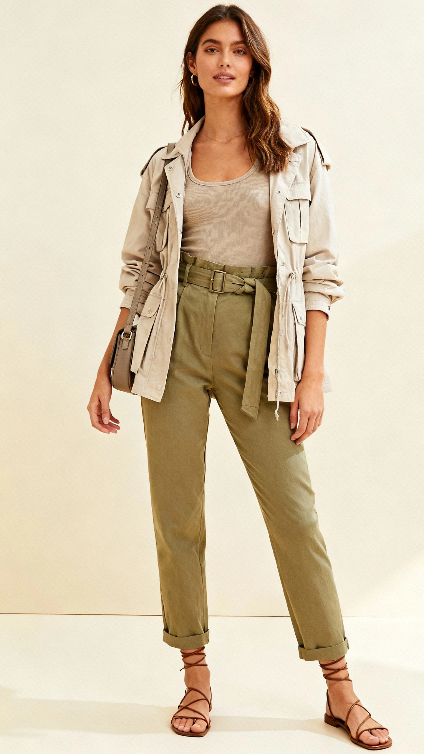 Studio photo of a woman in a chic safari-inspired city look: lightweight utility jacket, belted high-waist trousers, fitted tank, ankle-strap sandals, and a structured crossbody, cream background, soft studio lighting, natural stance, clean composition.