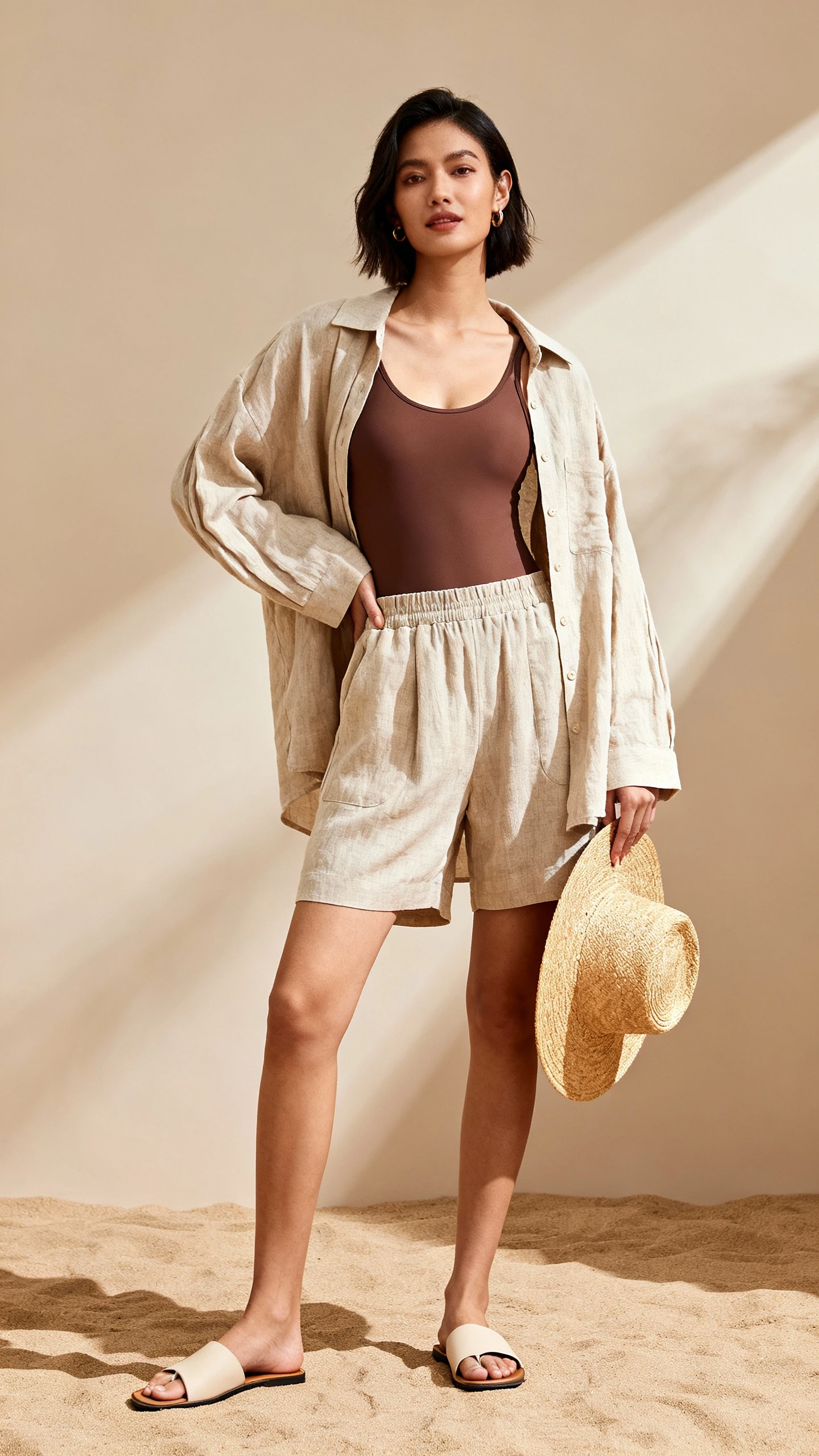 Studio photo of a woman in a one-piece swimsuit under an oversized linen shirt with pull-on shorts, slide sandals, and a straw hat in hand, sand-toned background, studio lighting, relaxed stance, clean composition, magazine-quality.