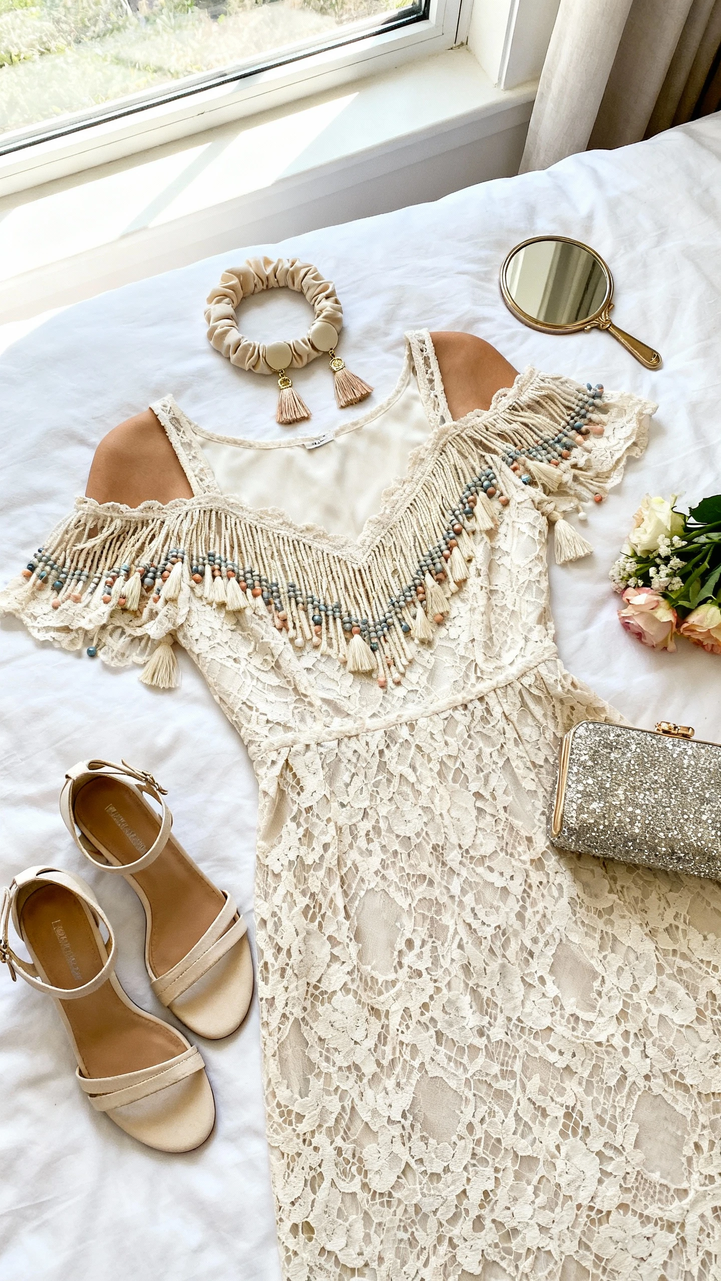 Top-down flat lay of a cold-shoulder lace dress with beaded fringe detailing, matching gele, ankle-strap heels, tassel earrings, and a sparkly minaudière on a white bed; include a compact mirror and flowers, bright natural window light, no person visible, clean organized composition, iPhone photo aesthetic.