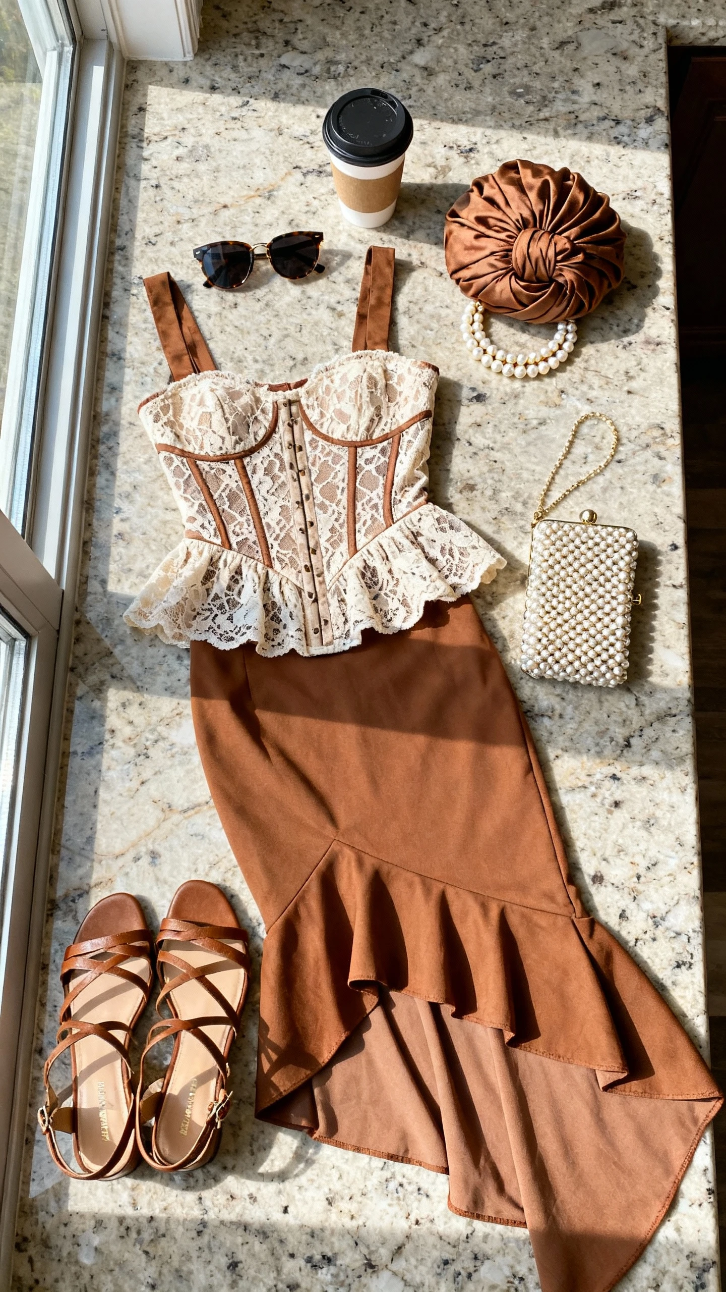 Top-down flat lay of a corset peplum lace top with an asymmetric high-low skirt, gele headwrap, strappy heels, pearl choker, and beaded clutch on a marble countertop; include sunglasses and a coffee cup, bright natural window light, no person visible, clean organized composition, iPhone photo aesthetic.