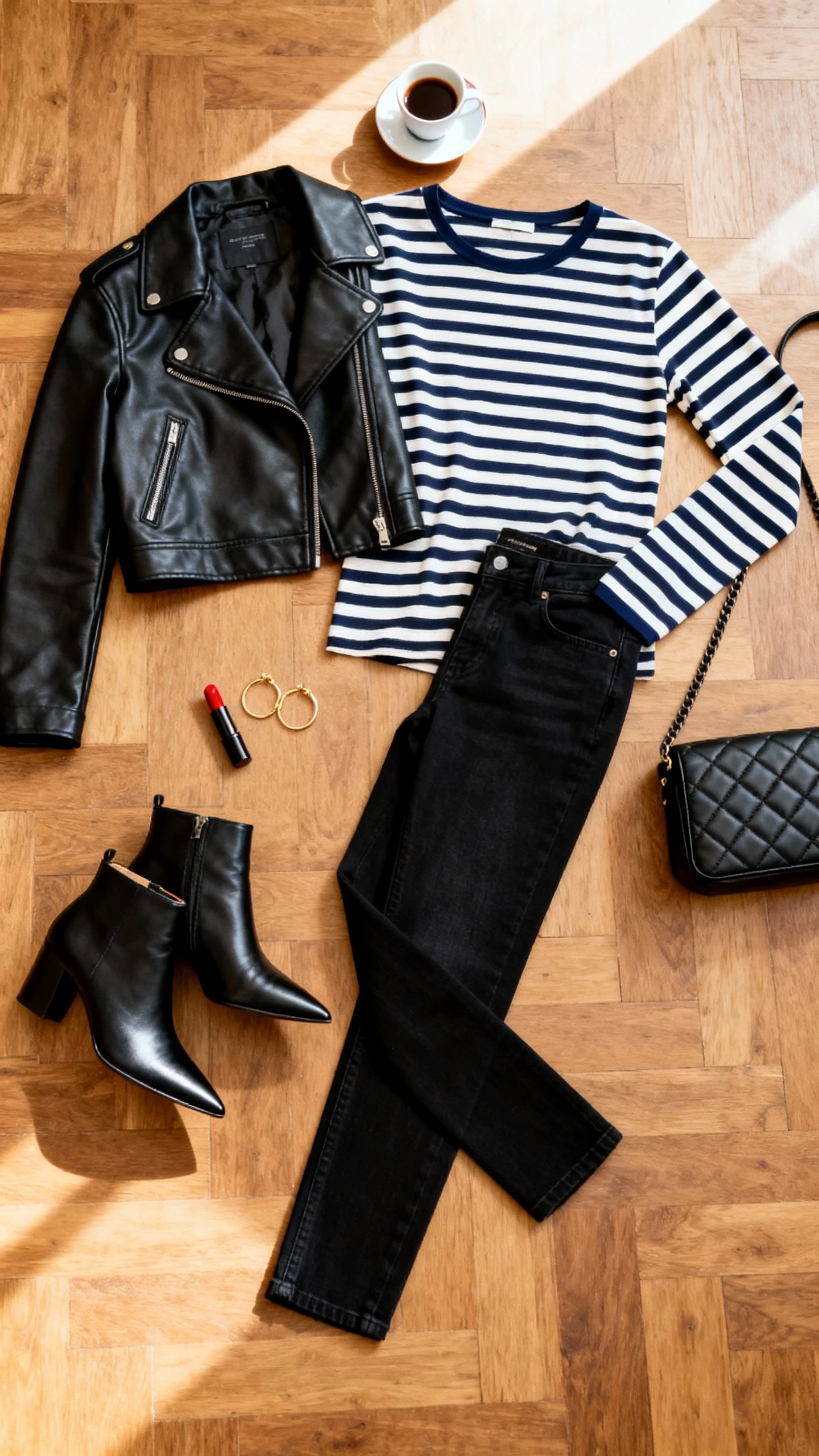 Top-down flat lay of a cropped black leather jacket, navy-and-cream Breton striped long-sleeve tee, black cigarette jeans, pointed black ankle boots, red lipstick tube, delicate gold hoop earrings, and a small black quilted shoulder bag; styled on a wooden floor with a demitasse cup, bright natural light, no person visible, clean organized composition, iPhone photo aesthetic.