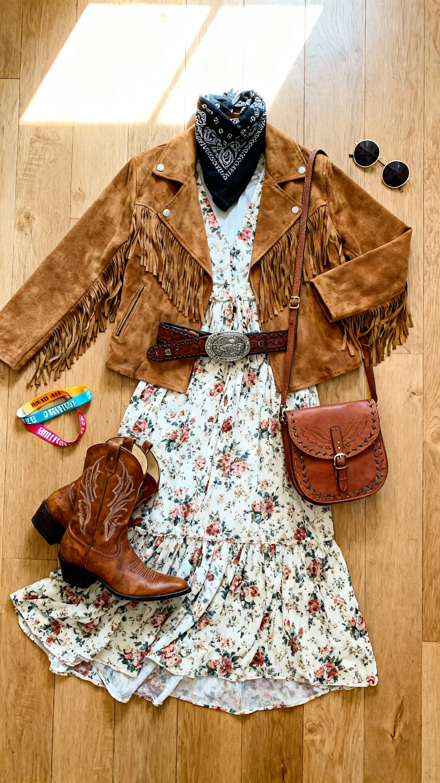 Top-down flat lay of a floral maxi dress layered with a suede fringe jacket, western belt, cowboy boots, and a bandana, plus a small crossbody pouch, arranged on a wooden floor with festival wristbands and round sunglasses as props, bright natural light, no person visible, organized composition, iPhone photo aesthetic.