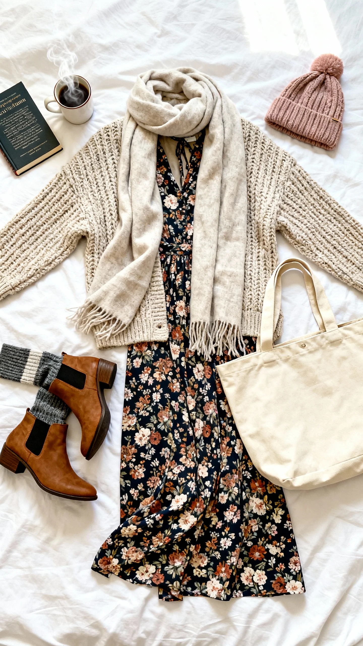 Top-down flat lay of a floral maxi dress layered with a chunky knit cardigan, soft scarf, ankle sock boots, tote bag, and cozy beanie, arranged on a white bedspread with a steaming mug and book as props, bright natural light, no person visible, organized composition, iPhone photo aesthetic.