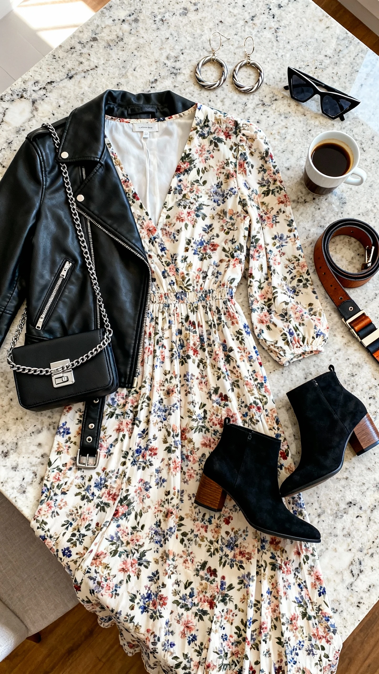 Top-down flat lay of a floral maxi dress paired with a black leather moto jacket, ankle booties, chain-strap mini bag, chunky hoop earrings, and a bold belt, arranged on a marble countertop with a pair of angular sunglasses and an espresso as props, bright natural light, no person visible, organized composition, iPhone photo aesthetic.