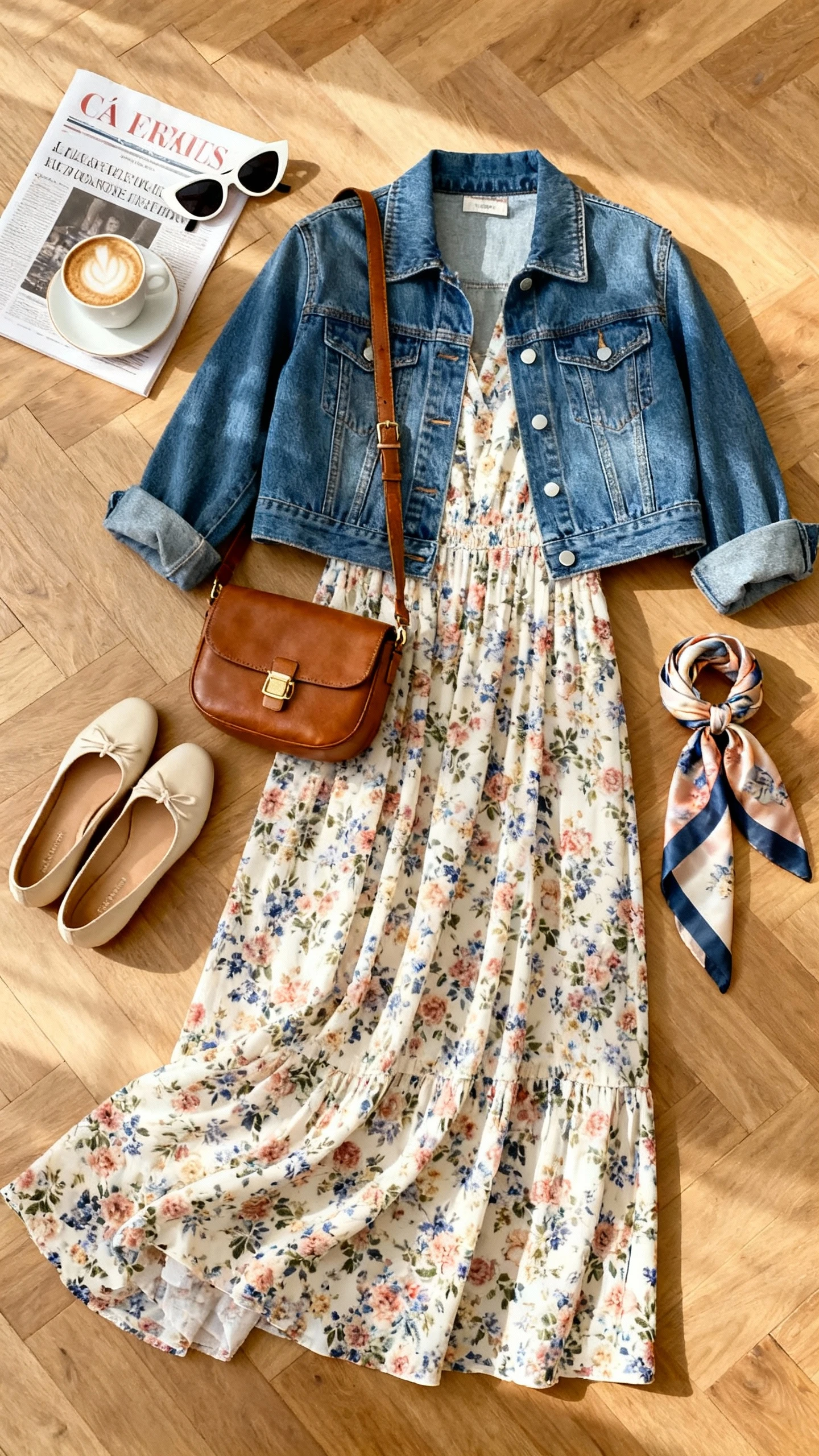 Top-down flat lay of a floral maxi dress styled with a cropped denim jacket, leather crossbody bag, ballet flats, cat-eye sunglasses, and a silk scarf, arranged on a wooden floor with a cappuccino and a French magazine as props, bright natural light, no person visible, organized composition, iPhone photo aesthetic.