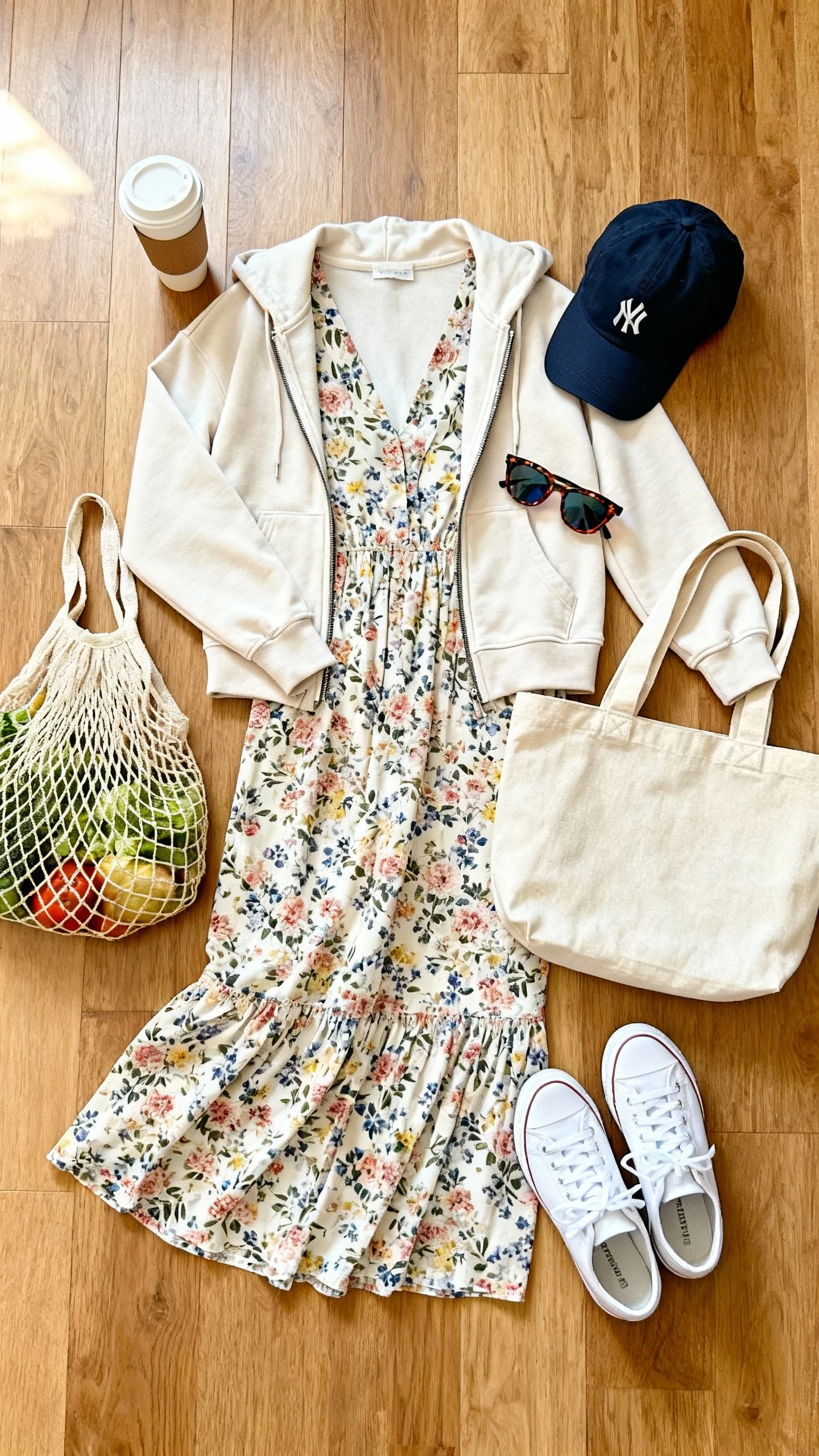 Top-down flat lay of a floral maxi dress styled with a sporty zip-up hoodie, white sneakers, canvas tote, baseball cap, and sporty sunglasses, arranged on a wooden floor with a reusable coffee cup and market produce bag as props, bright natural light, no person visible, organized composition, iPhone photo aesthetic.