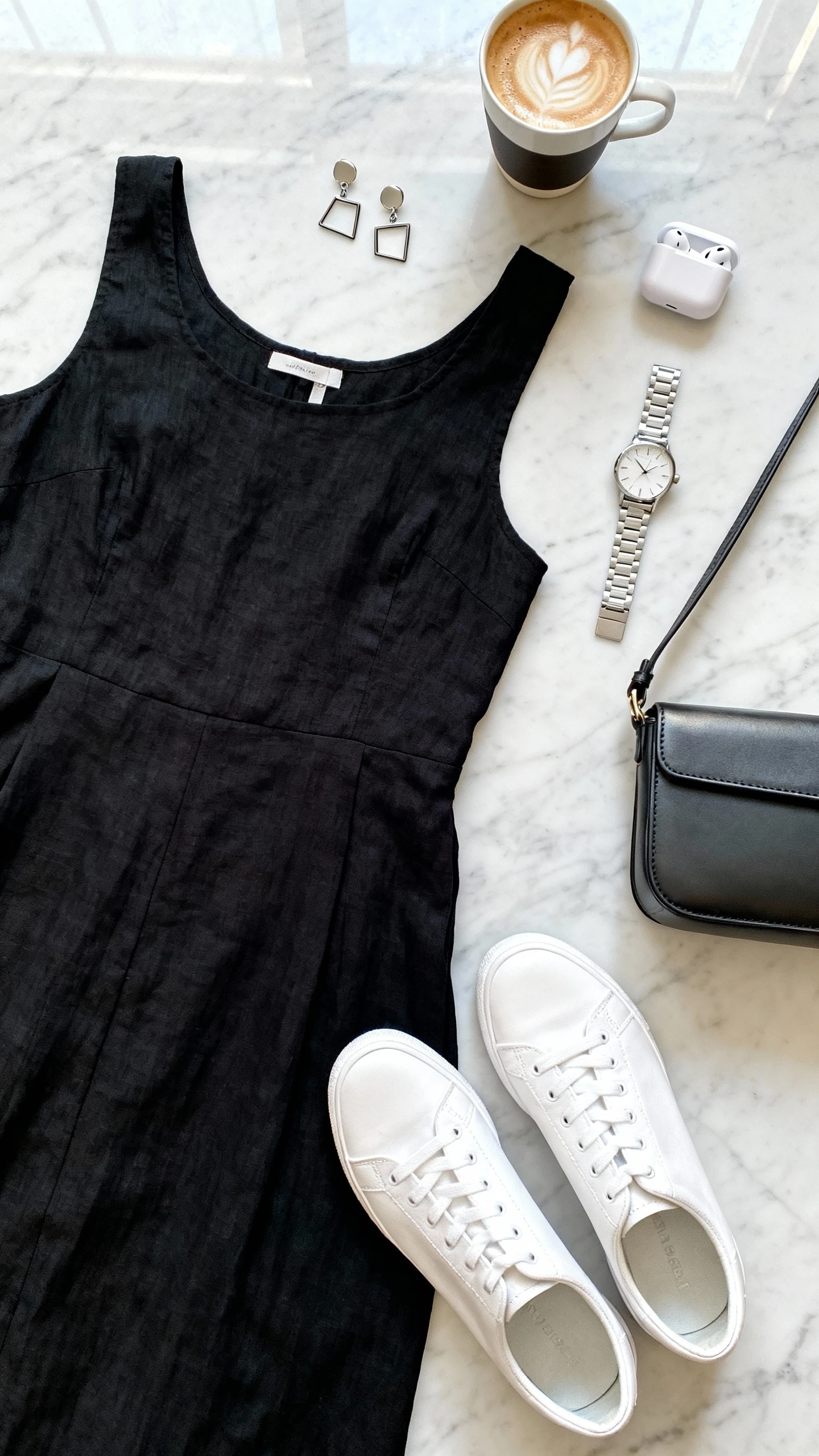 Top-down flat lay of a minimalist black linen tank dress with clean lines, white low-profile sneakers, slim silver watch, geometric stud earrings, and a sleek crossbody, arranged on a marble surface with a cappuccino and AirPods case, bright natural light, no person visible, minimal organized composition, iPhone photo aesthetic.