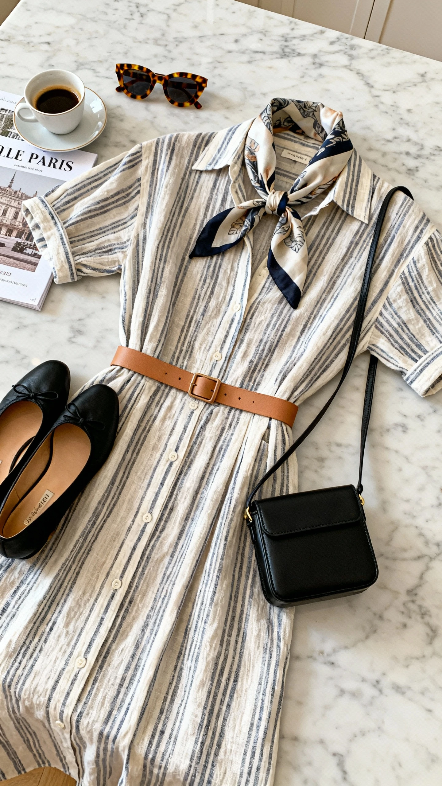 Top-down flat lay of a Parisian-polished striped linen shirt dress with a slim tan belt, black ballet flats, structured mini crossbody, silk neck scarf, and tortoiseshell sunglasses on a marble countertop with an espresso cup and French magazine, bright natural light, no person visible, clean organized composition, iPhone photo aesthetic.