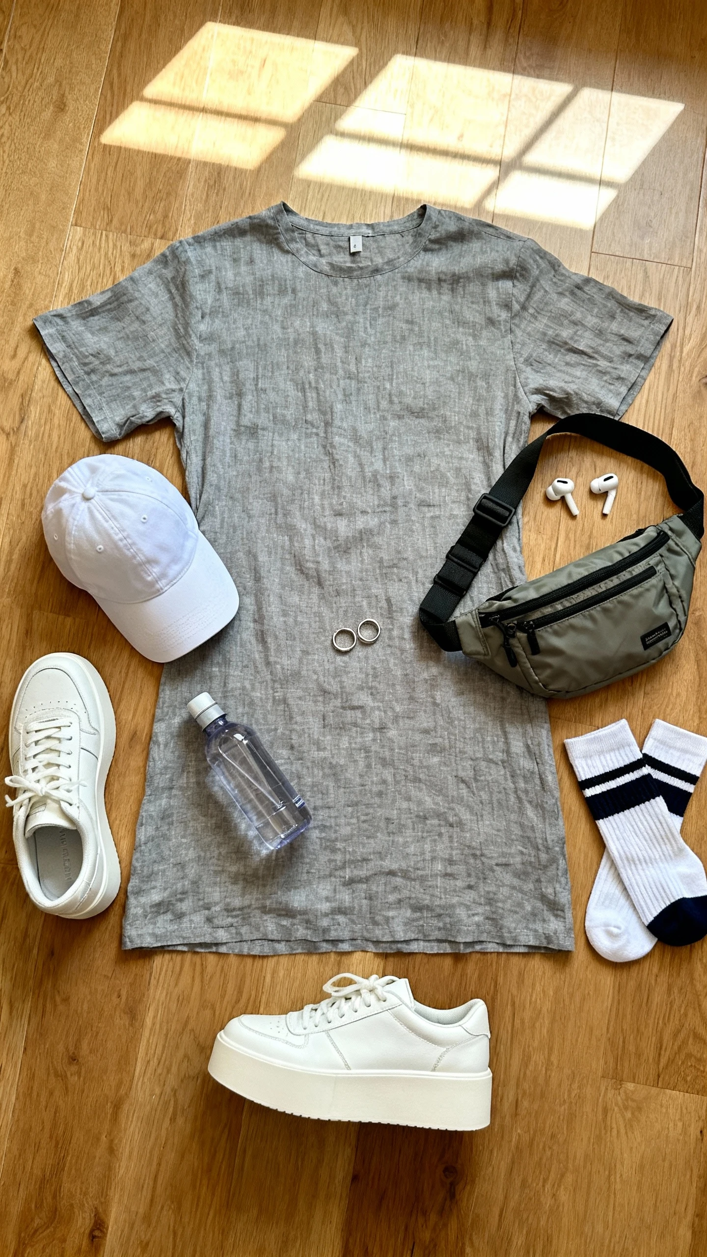 Top-down flat lay of a sporty-cool grey linen T-shirt dress with white platform sneakers, baseball cap, nylon belt bag, crew socks, and a minimal silver ring set, arranged on a wooden floor with wireless earbuds and a water bottle, bright natural window light, no person visible, clean organized composition, iPhone photo aesthetic.