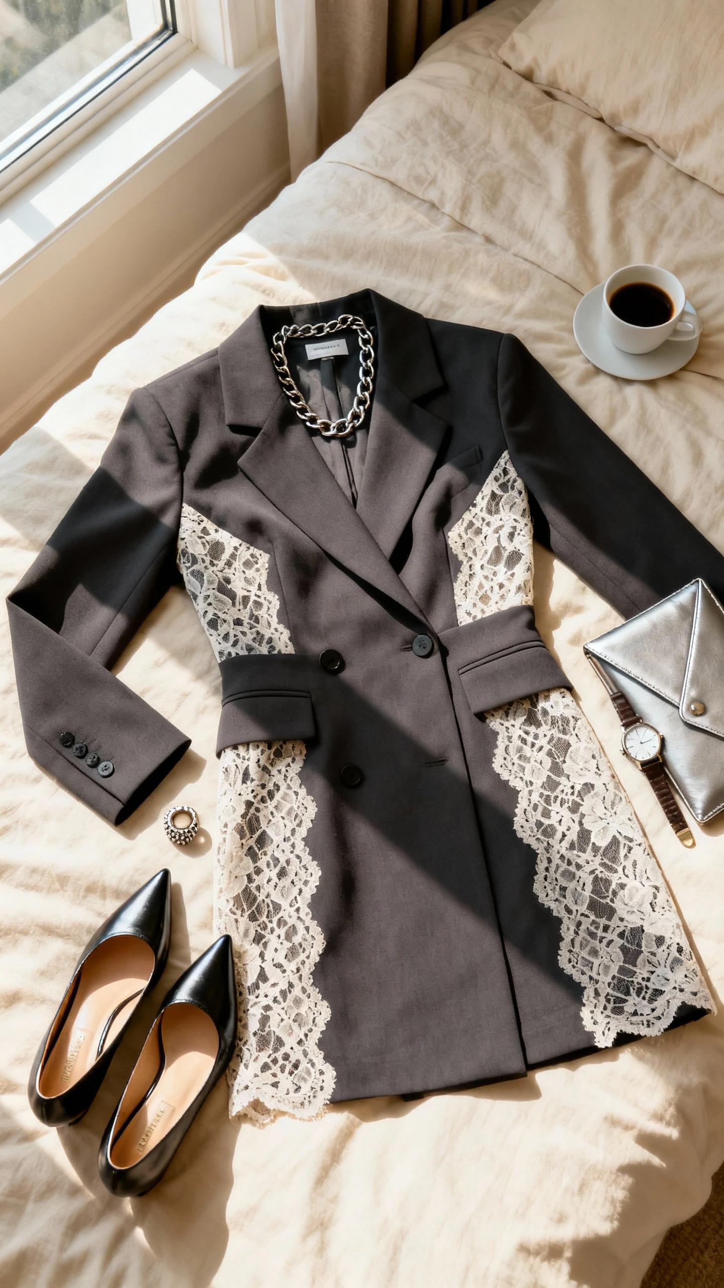 Top-down flat lay of a structured blazer dress with lace panels, pointed-toe pumps, chain-link necklace, statement ring, and a sleek envelope clutch on a cream bedspread; include a watch and an espresso cup, bright natural window light, no person visible, clean organized composition, iPhone photo aesthetic.