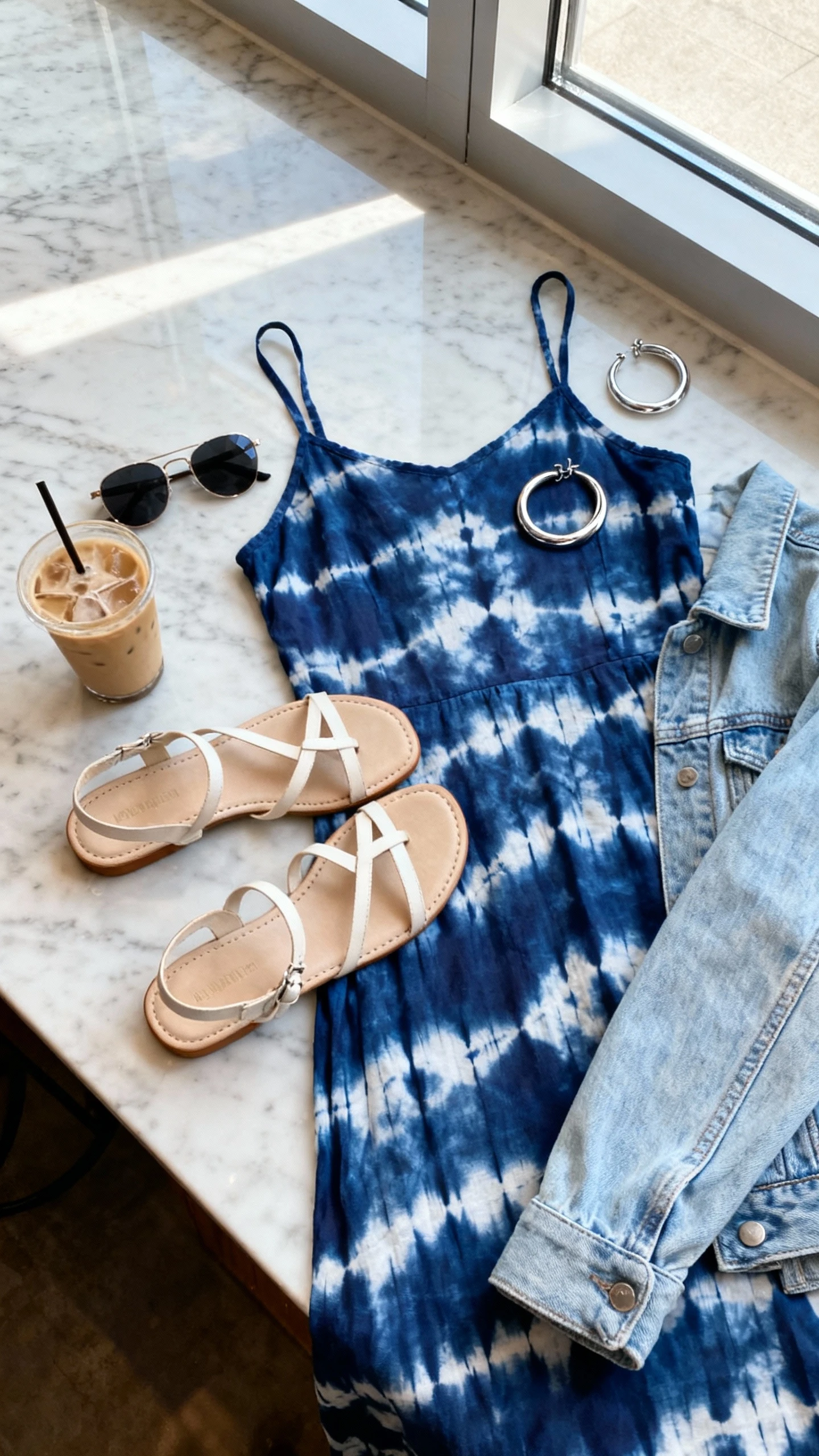 Top-down flat lay of an Adire slip dress in indigo dye, minimalist strappy sandals, silver hoop earrings, and a lightweight denim jacket, styled on a marble countertop with sunglasses and an iced coffee, bright natural window light, no person visible, organized composition, iPhone photo aesthetic.