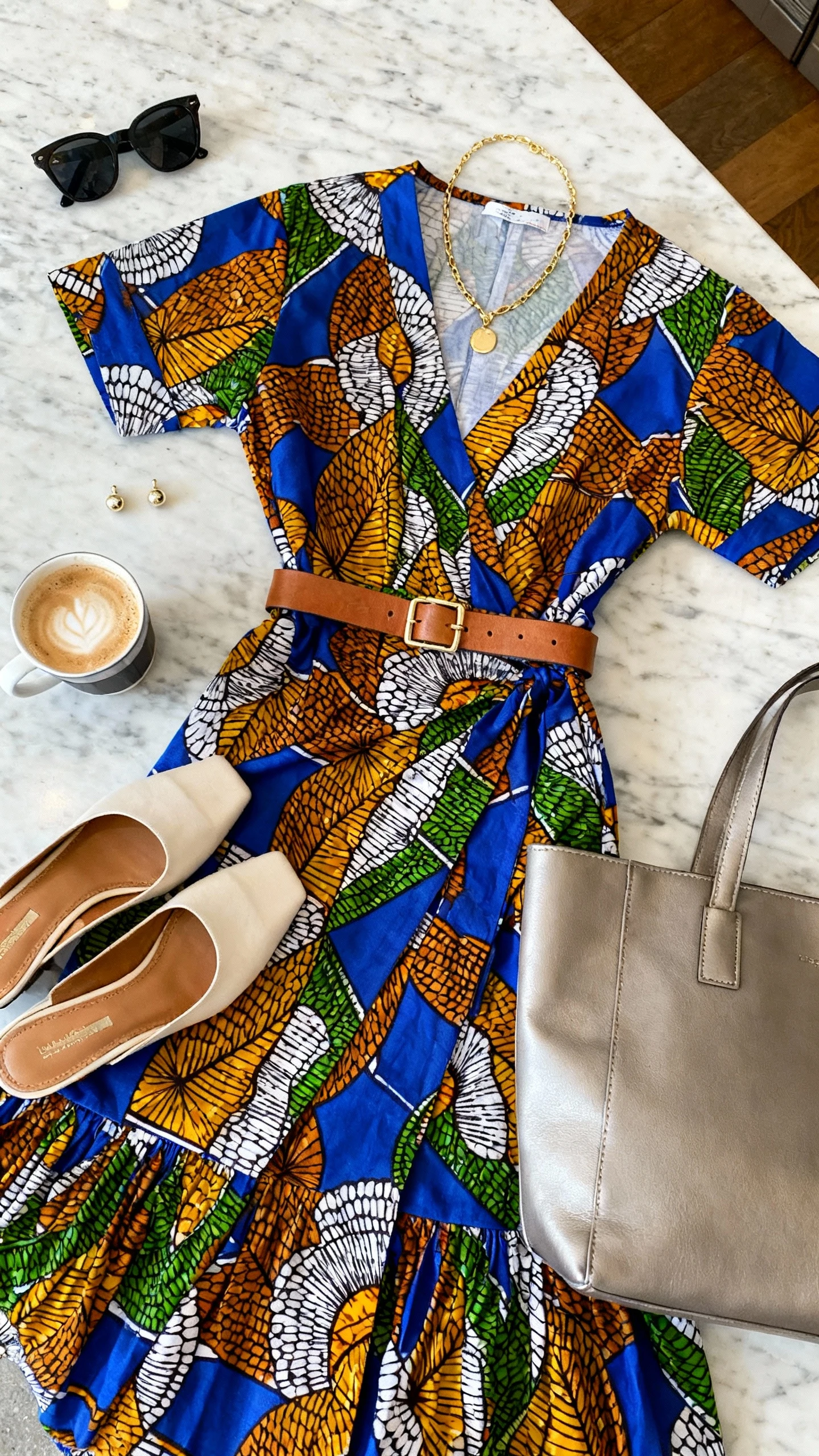 Top-down flat lay of an Ankara wrap dress (desk-to-drinks) with low-heel mules, slim leather belt, minimal gold necklace and stud earrings, and a sleek tote bag, styled on a marble countertop with sunglasses and a latte, bright natural light, no person visible, clean organized composition, iPhone photo aesthetic.