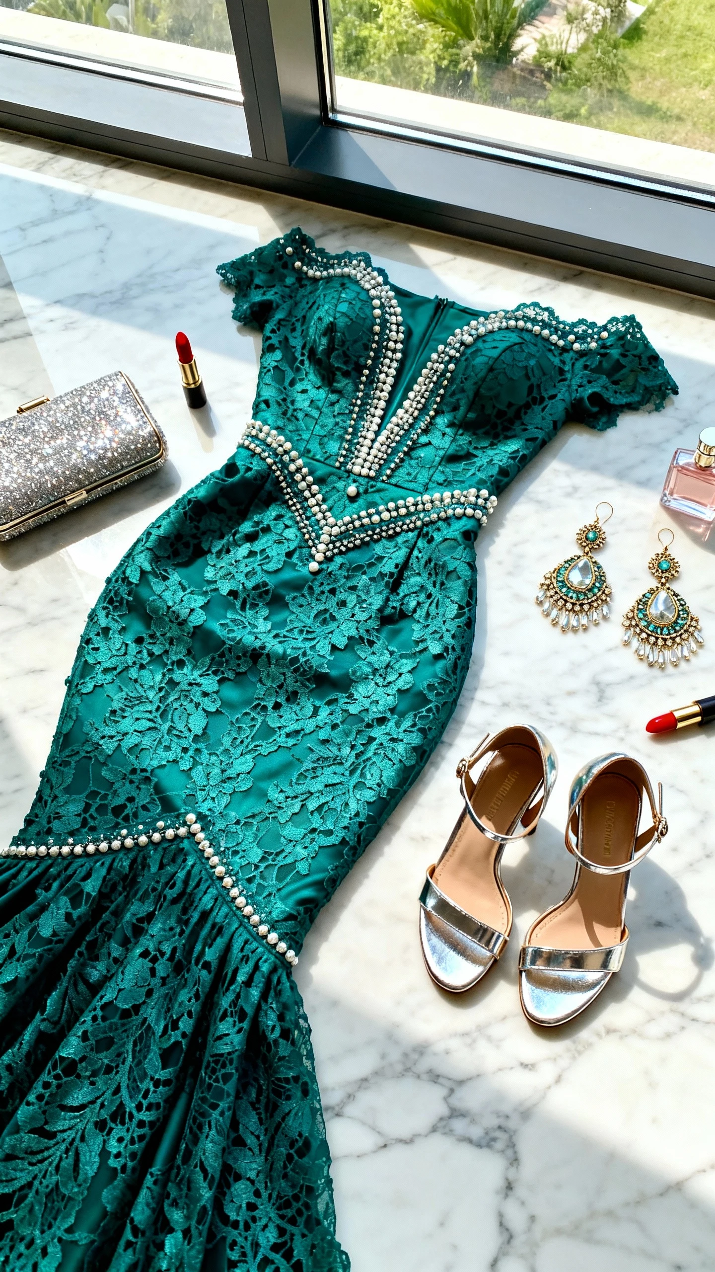 Top-down flat lay of an Aso Ebi lace mermaid dress with beaded details, metallic high-heel sandals, statement chandelier earrings, and a glittery clutch, styled on a marble surface with red lipstick and a perfume bottle, bright natural window light, no person visible, organized composition, iPhone photo aesthetic.