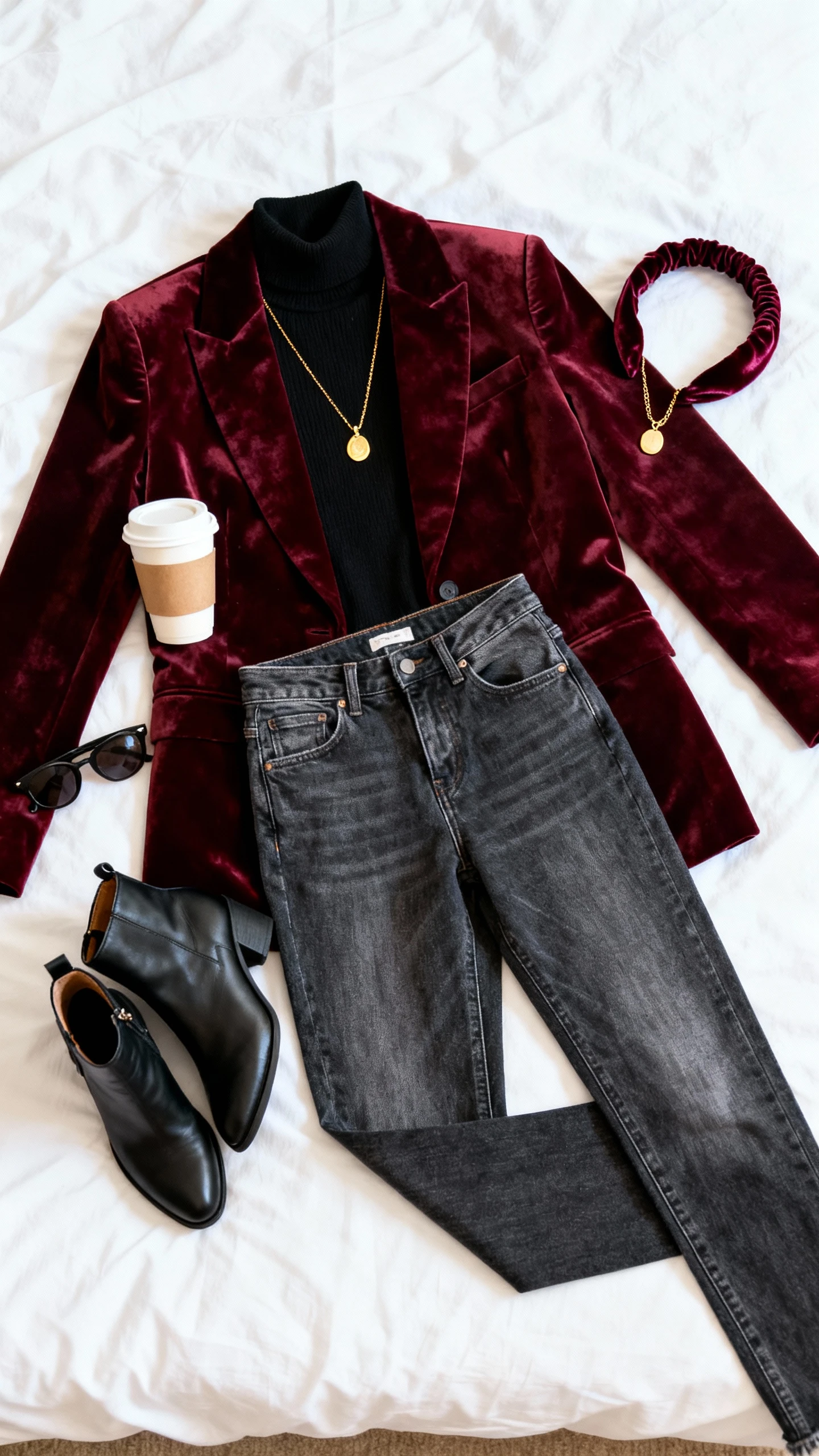 Top-down flat lay of burgundy velvet blazer, black turtleneck, medium-wash straight-leg jeans, black ankle boots, burgundy velvet headband, and gold pendant necklace on white bed; takeaway coffee cup and sunglasses as props, bright natural light, no person visible, organized composition, iPhone photo aesthetic.